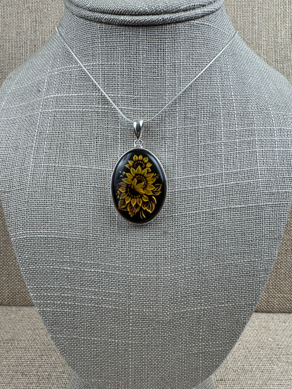 Sterling Silver Hand Carved Baltic Amber Cameo Sunflower Pendant – Genuine Handmade in Poland Intaglio Necklace