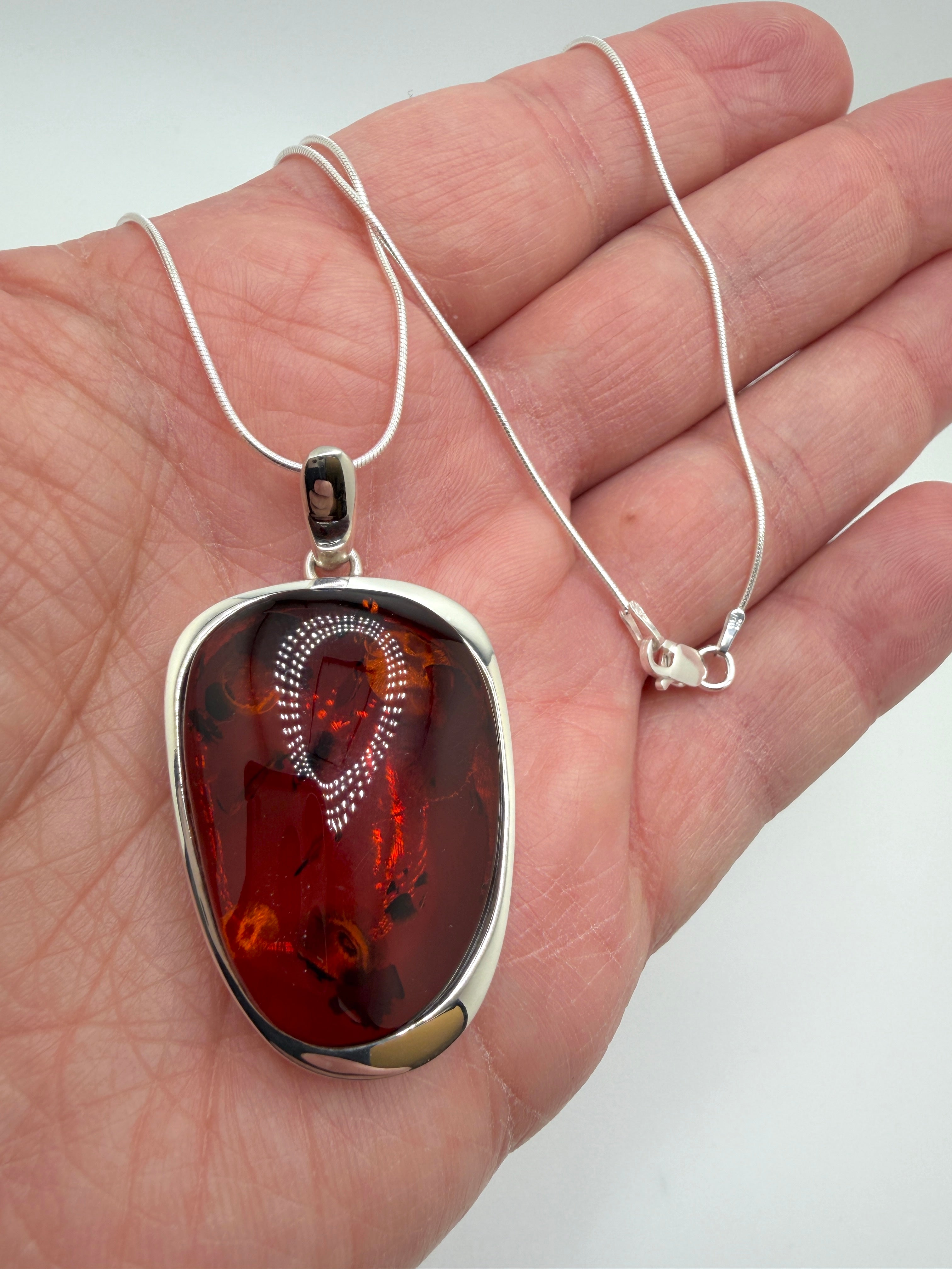 Sterling Silver Honey Baltic Amber Pendant Necklace – Modern Polish Design on Snake Chain