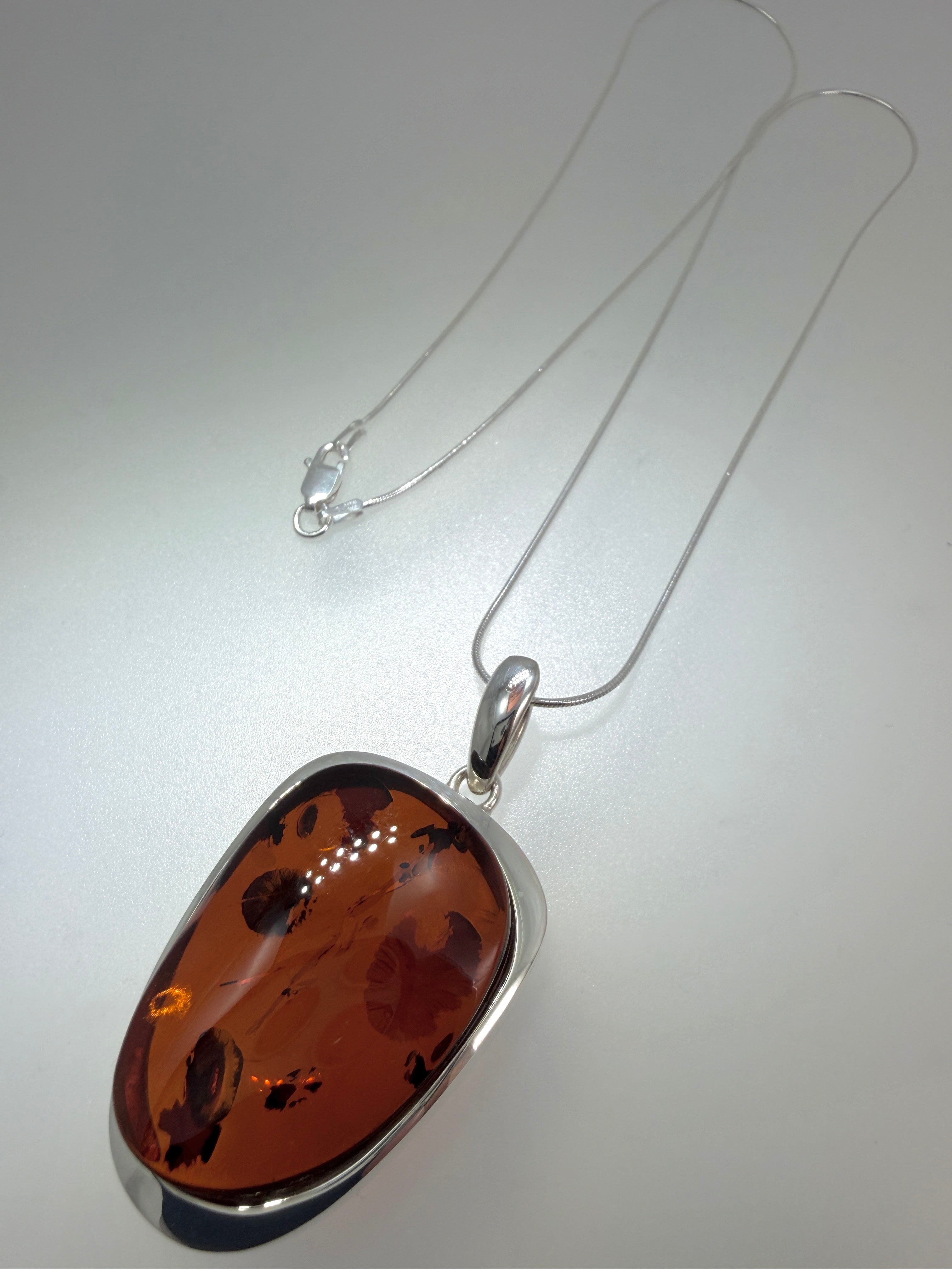 Sterling Silver Honey Baltic Amber Pendant Necklace – Modern Polish Design on Snake Chain