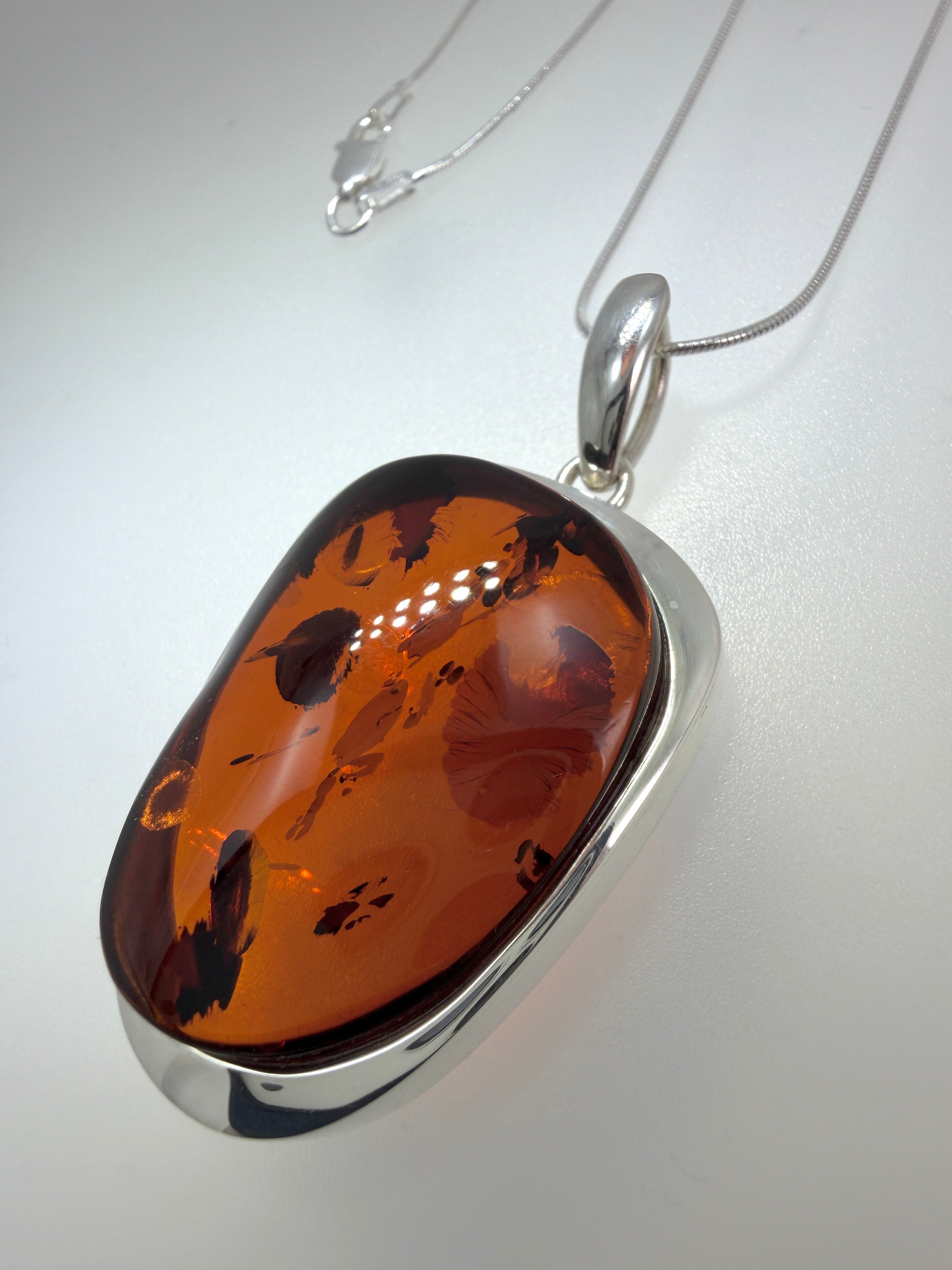 Sterling Silver Honey Baltic Amber Pendant Necklace – Modern Polish Design on Snake Chain