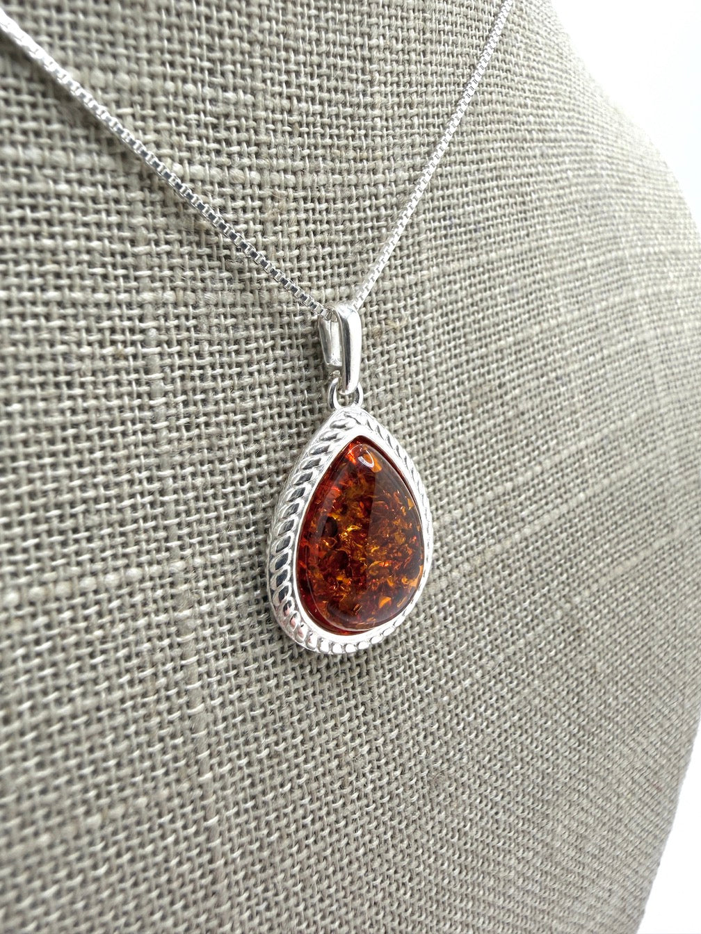 Sterling Silver Honey Baltic Amber Teardrop Pendant – Genuine Baltic Amber – Elegant Handmade Design