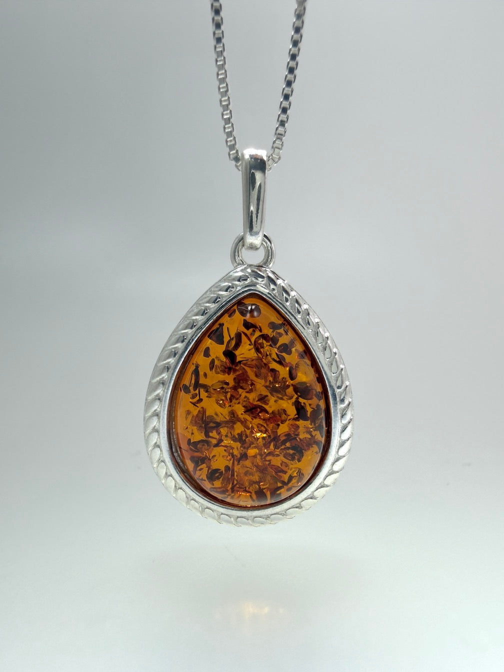 Sterling Silver Honey Baltic Amber Teardrop Pendant – Genuine Baltic Amber – Elegant Handmade Design
