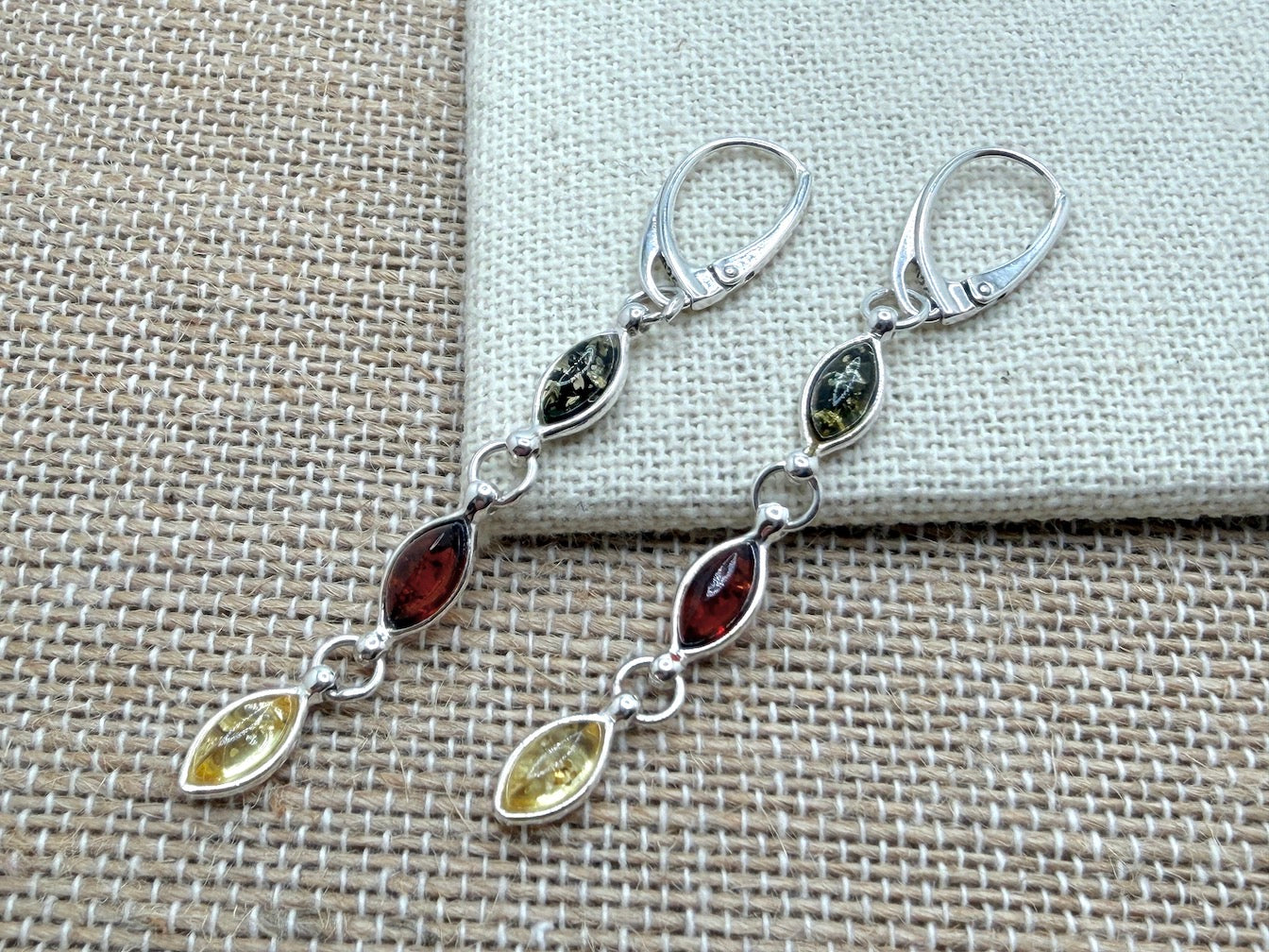Sterling Silver Honey, Lemon and Green Amber Drop Lever Back Earrings | Everyday Lightweight Earrings