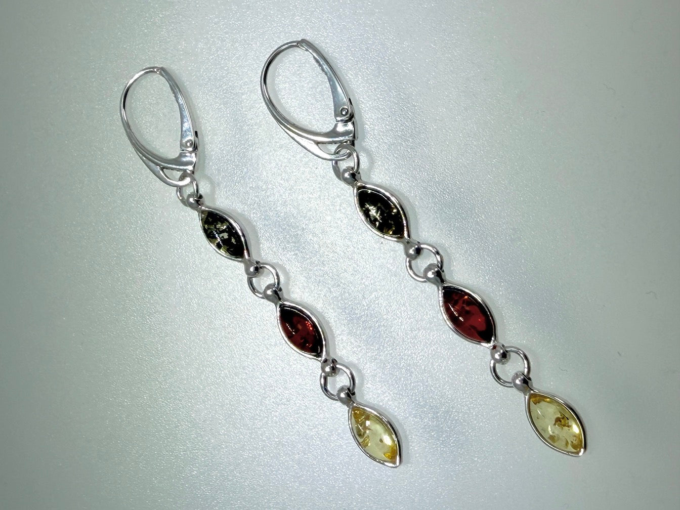 Sterling Silver Honey, Lemon and Green Amber Drop Lever Back Earrings | Everyday Lightweight Earrings