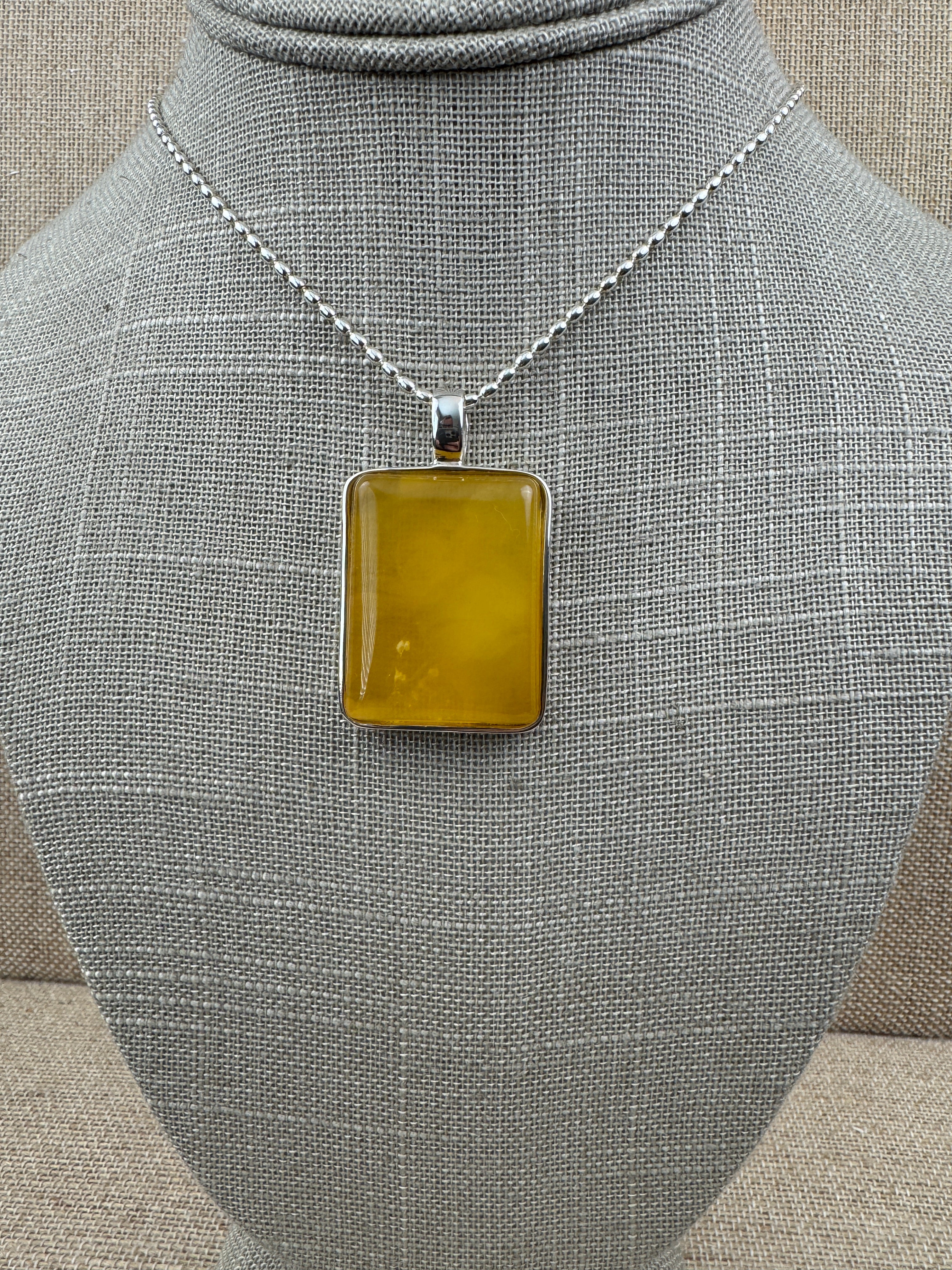 Sterling Silver Modern Rectangular Butterscotch Baltic Amber Pendant Necklace