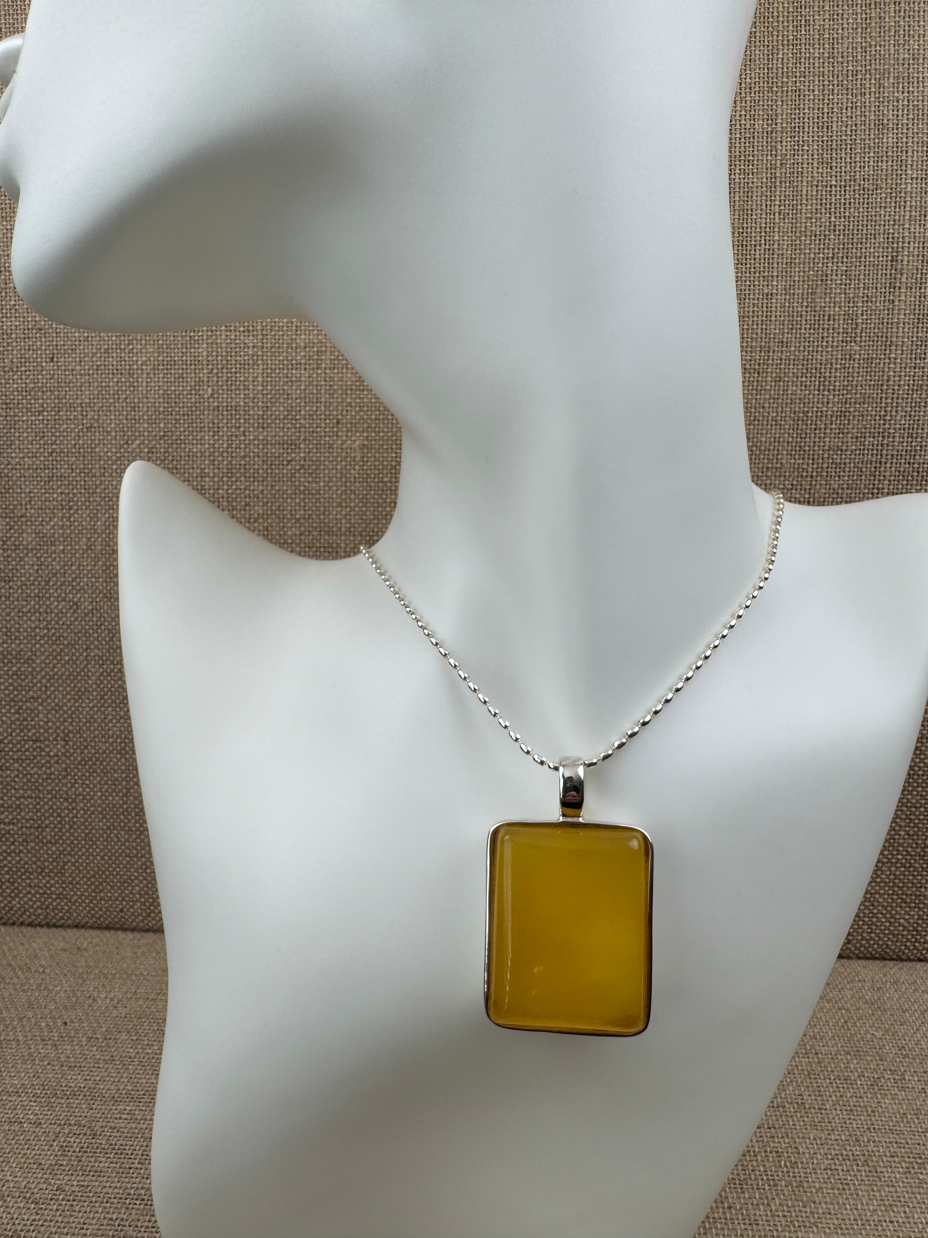Sterling Silver Modern Rectangular Butterscotch Baltic Amber Pendant Necklace