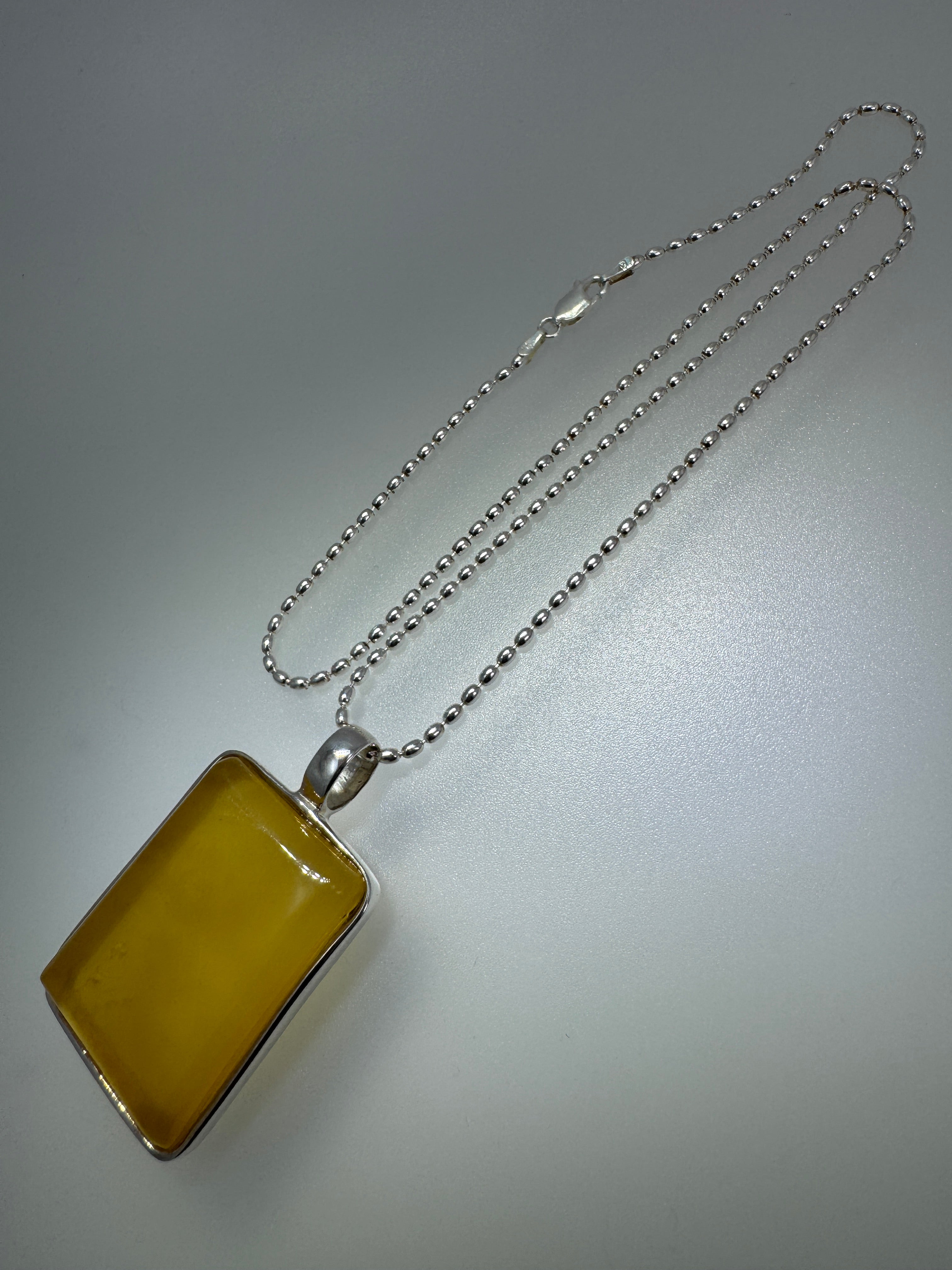 Sterling Silver Modern Rectangular Butterscotch Baltic Amber Pendant Necklace