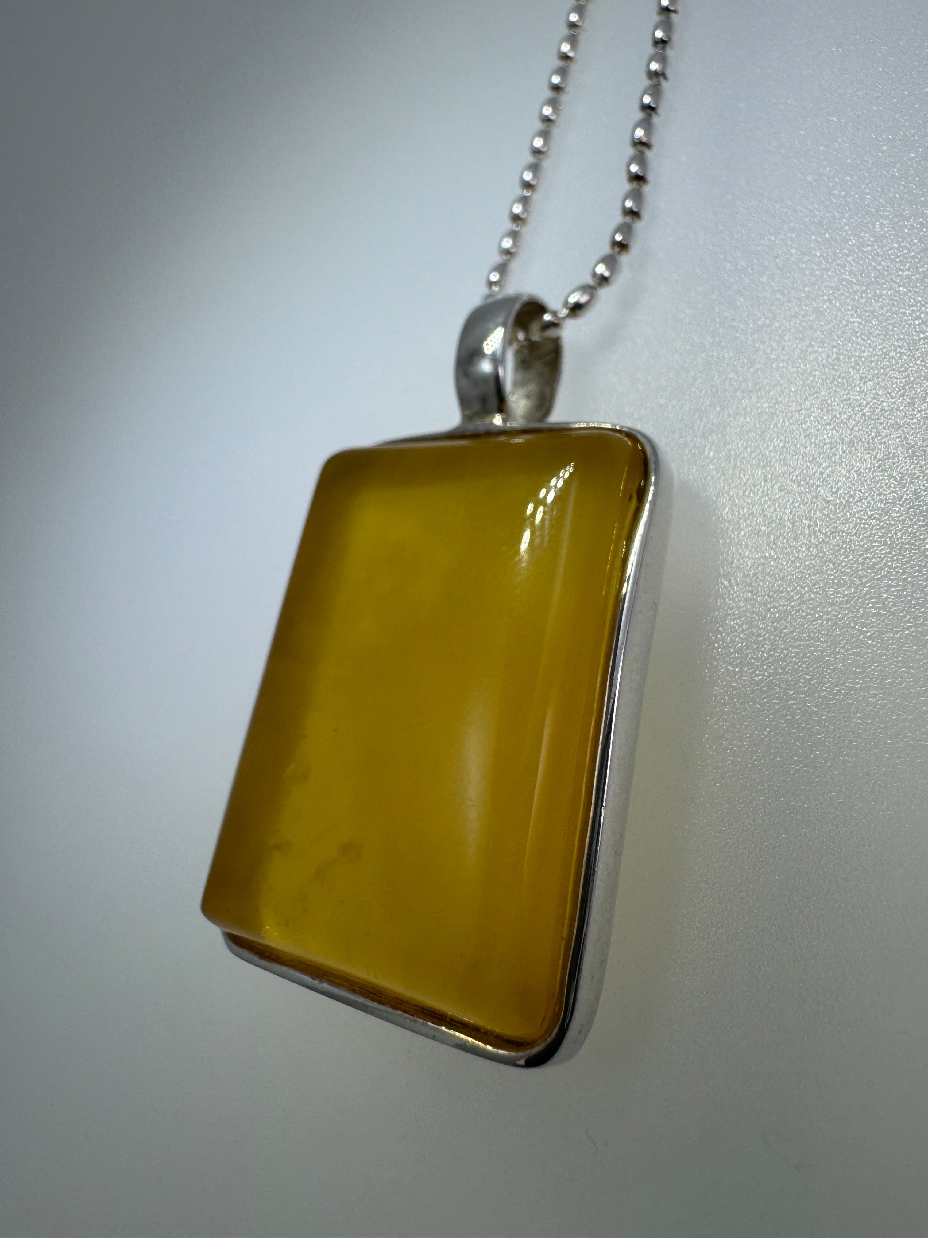 Sterling Silver Modern Rectangular Butterscotch Baltic Amber Pendant Necklace