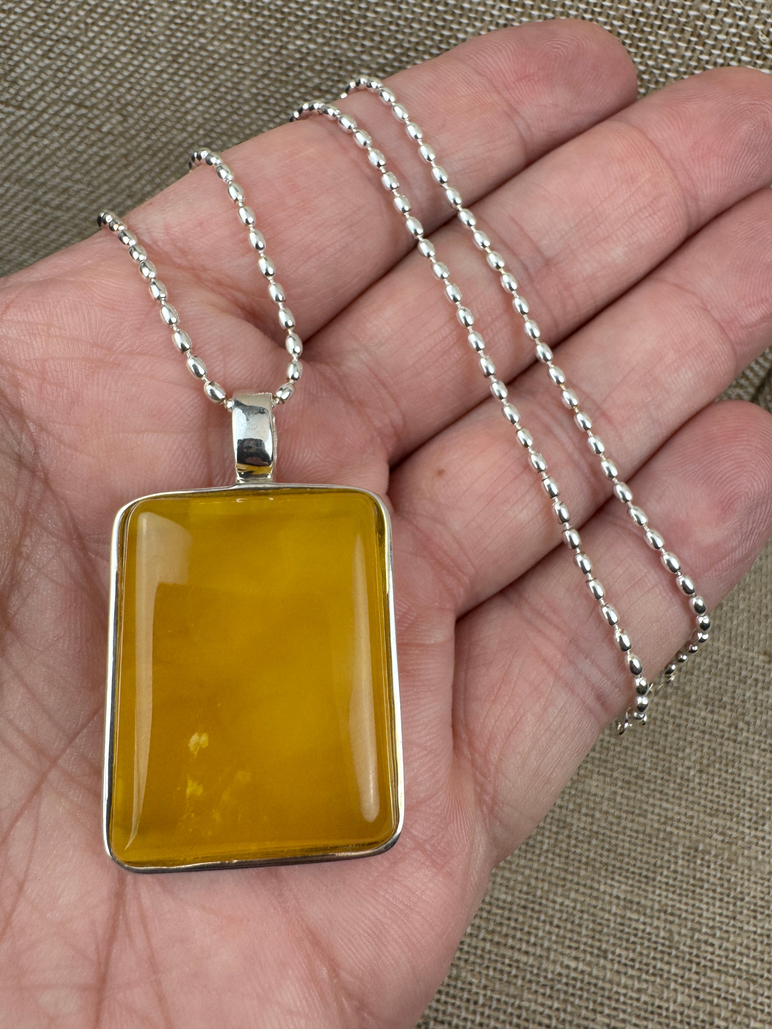 Sterling Silver Modern Rectangular Butterscotch Baltic Amber Pendant Necklace