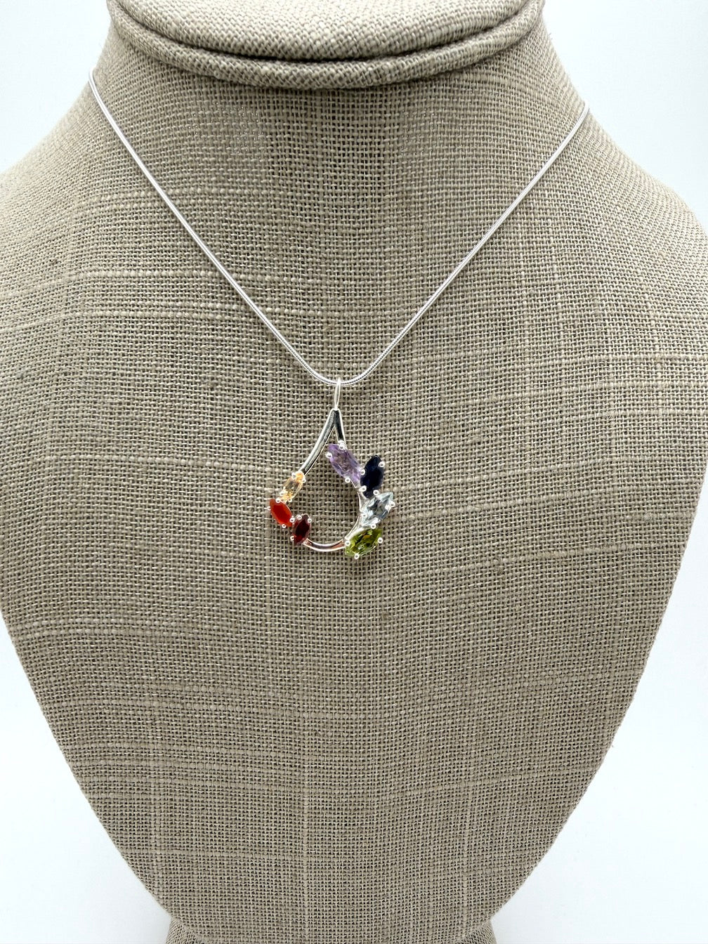 Sterling Silver Multi-Stone Teardrop Pendant Necklace – Amethyst, Blue Topaz, Peridot, Aquamarine & Quartz – Elegant Handmade Gemstone Jewelry