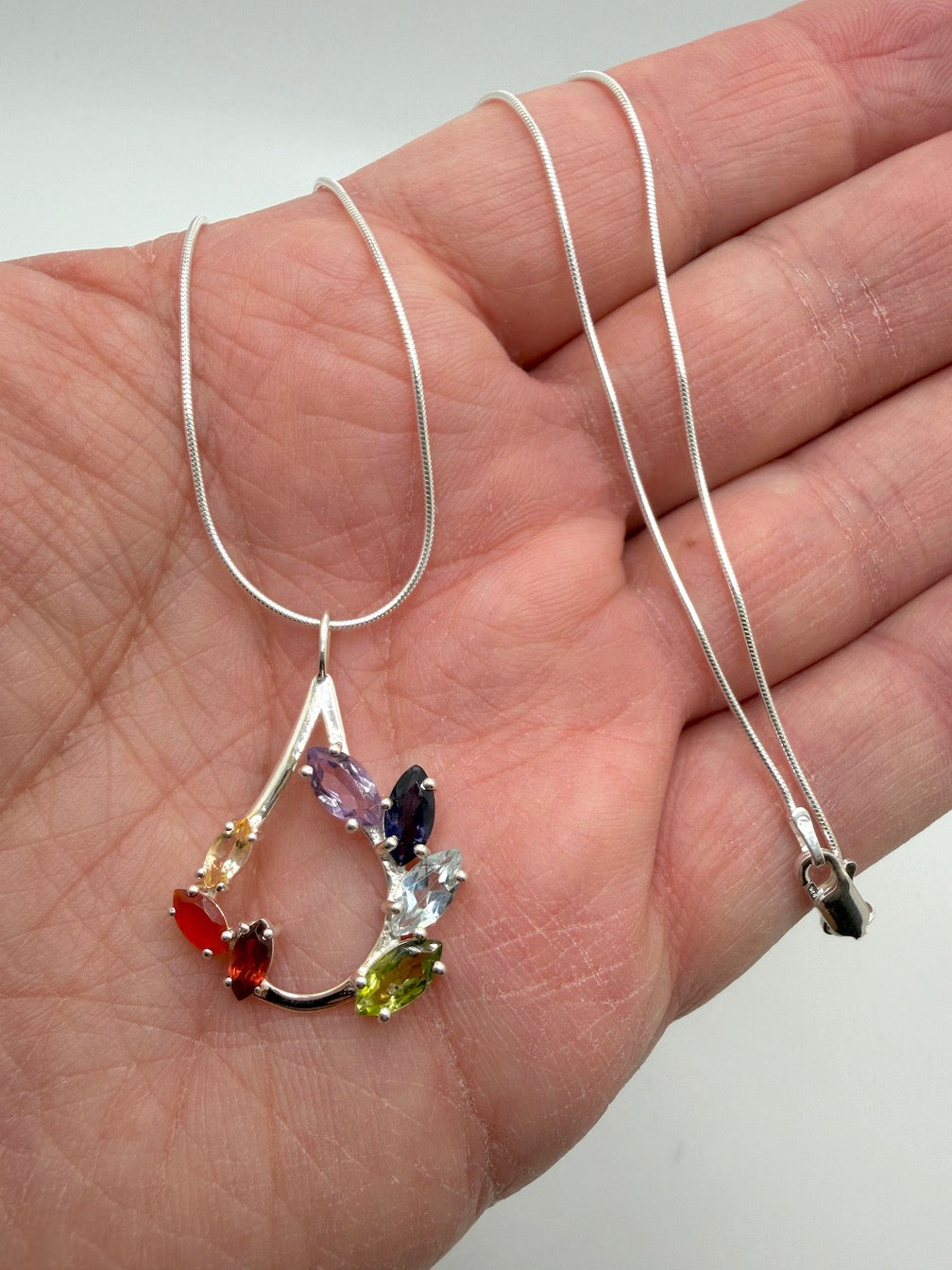 Sterling Silver Multi-Stone Teardrop Pendant Necklace – Amethyst, Blue Topaz, Peridot, Aquamarine & Quartz – Elegant Handmade Gemstone Jewelry