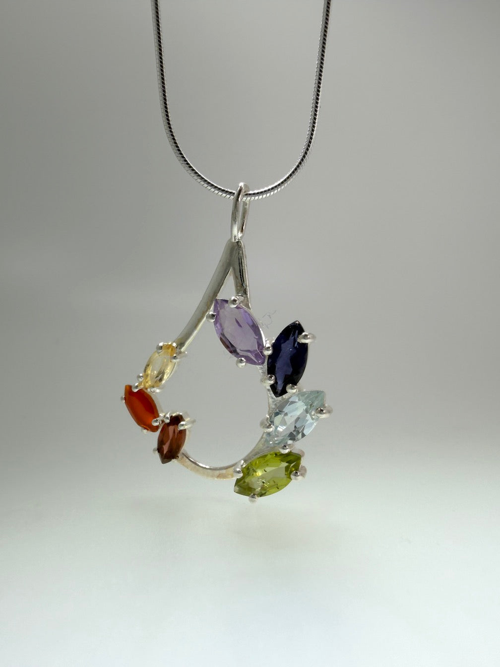Sterling Silver Multi-Stone Teardrop Pendant Necklace – Amethyst, Blue Topaz, Peridot, Aquamarine & Quartz – Elegant Handmade Gemstone Jewelry