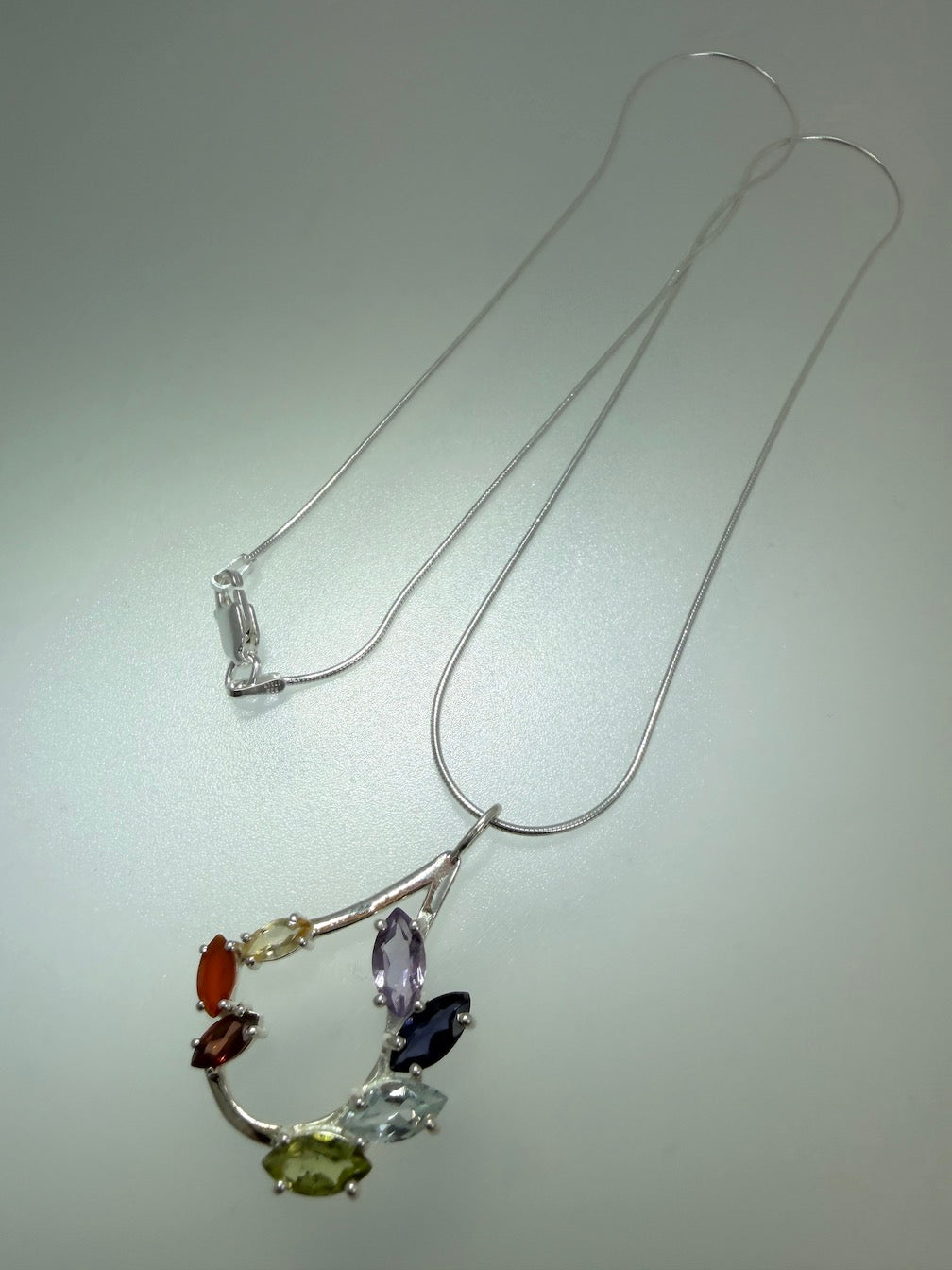 Sterling Silver Multi-Stone Teardrop Pendant Necklace – Amethyst, Blue Topaz, Peridot, Aquamarine & Quartz – Elegant Handmade Gemstone Jewelry