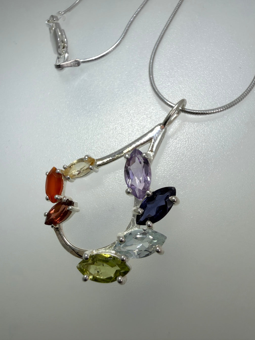 Sterling Silver Multi-Stone Teardrop Pendant Necklace – Amethyst, Blue Topaz, Peridot, Aquamarine & Quartz – Elegant Handmade Gemstone Jewelry