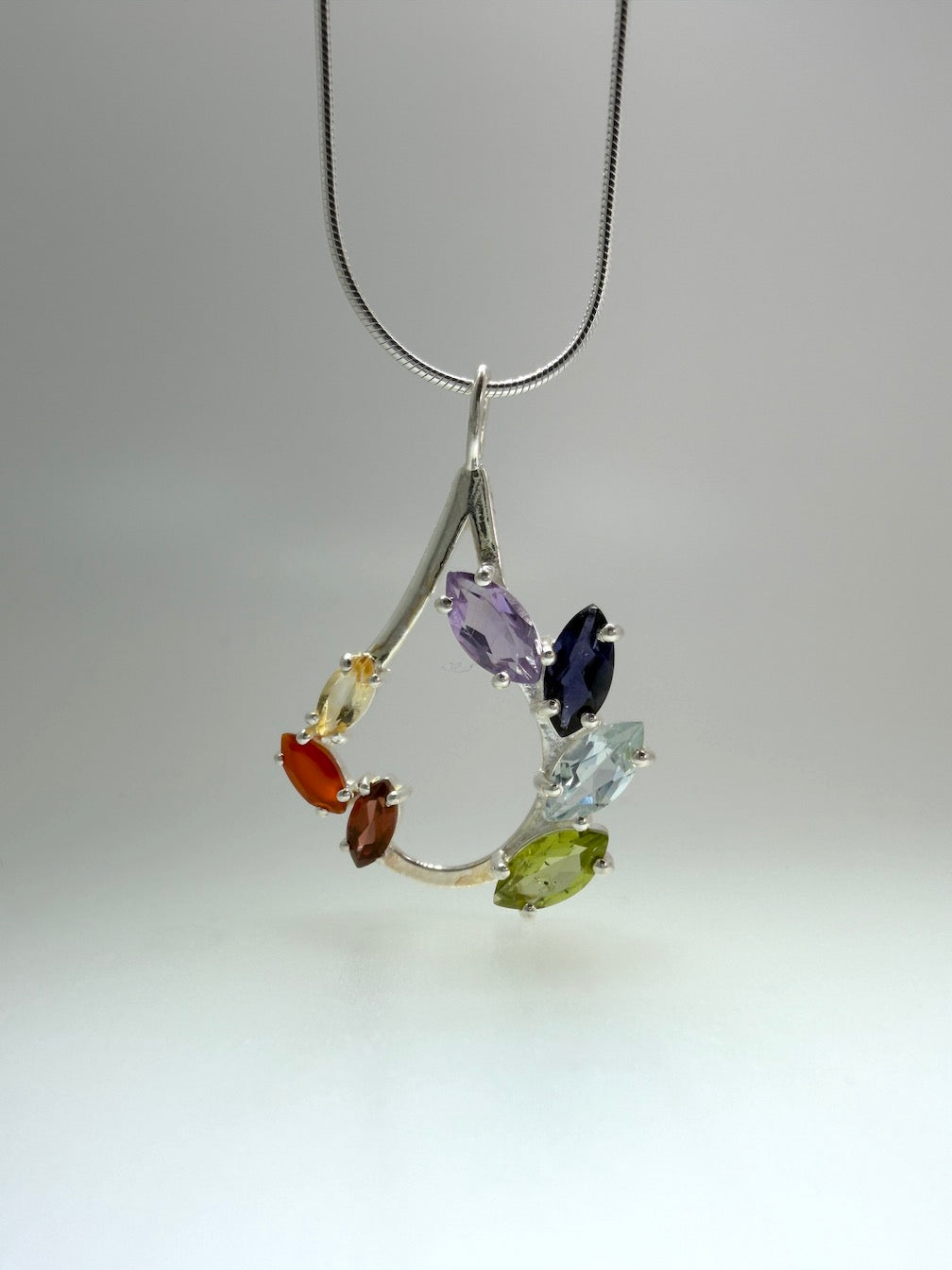 Sterling Silver Multi-Stone Teardrop Pendant Necklace – Amethyst, Blue Topaz, Peridot, Aquamarine & Quartz – Elegant Handmade Gemstone Jewelry
