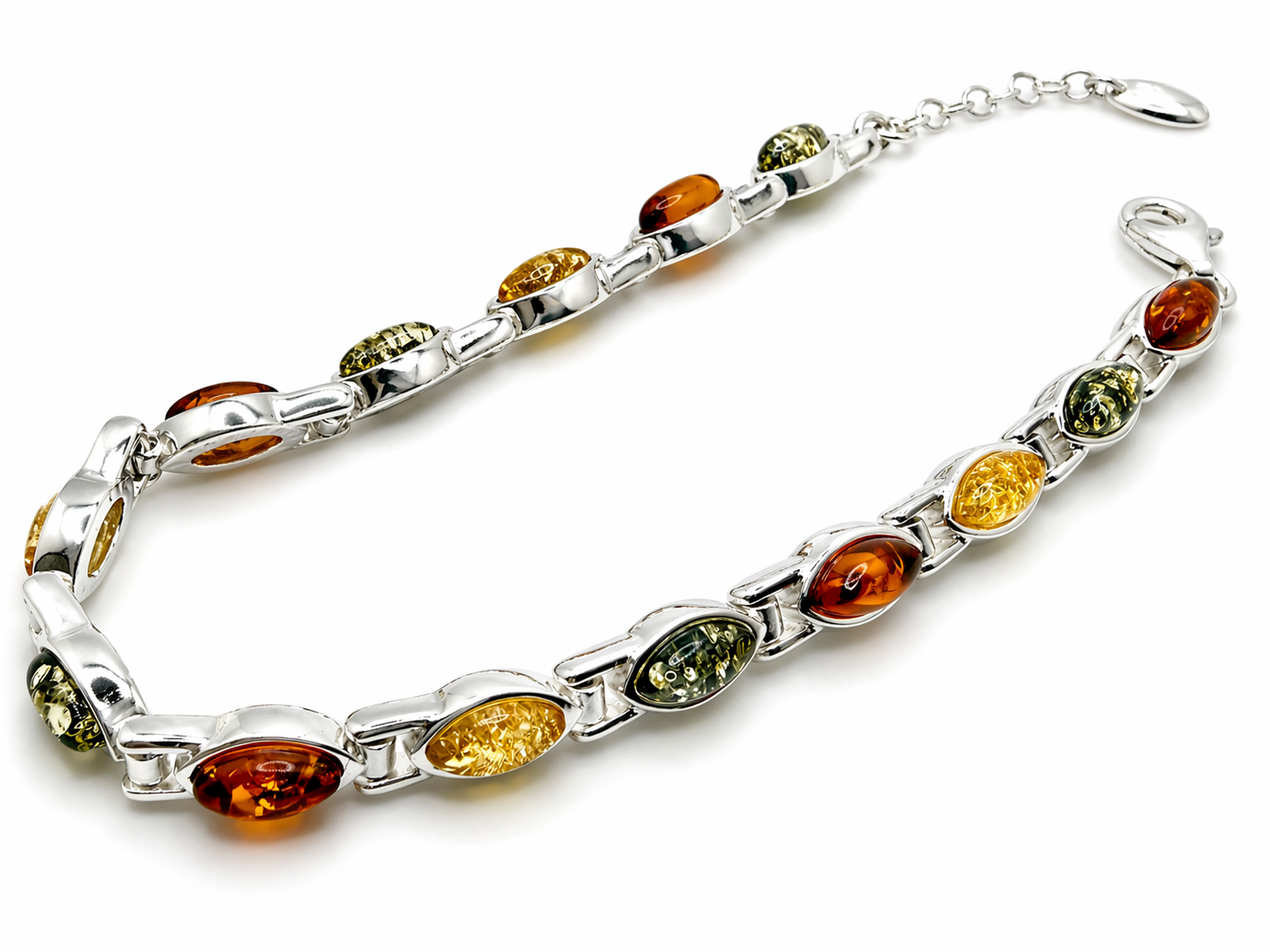 Sterling Silver Multi Color Baltic Amber Link Bracelet – Handmade in Poland