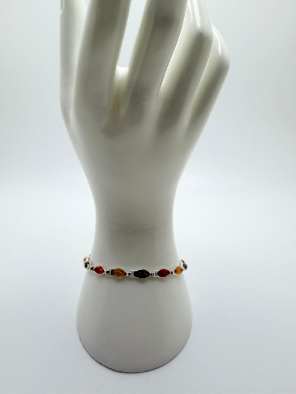 Sterling Silver Multi Color Baltic Amber Link Bracelet – Handmade in Poland