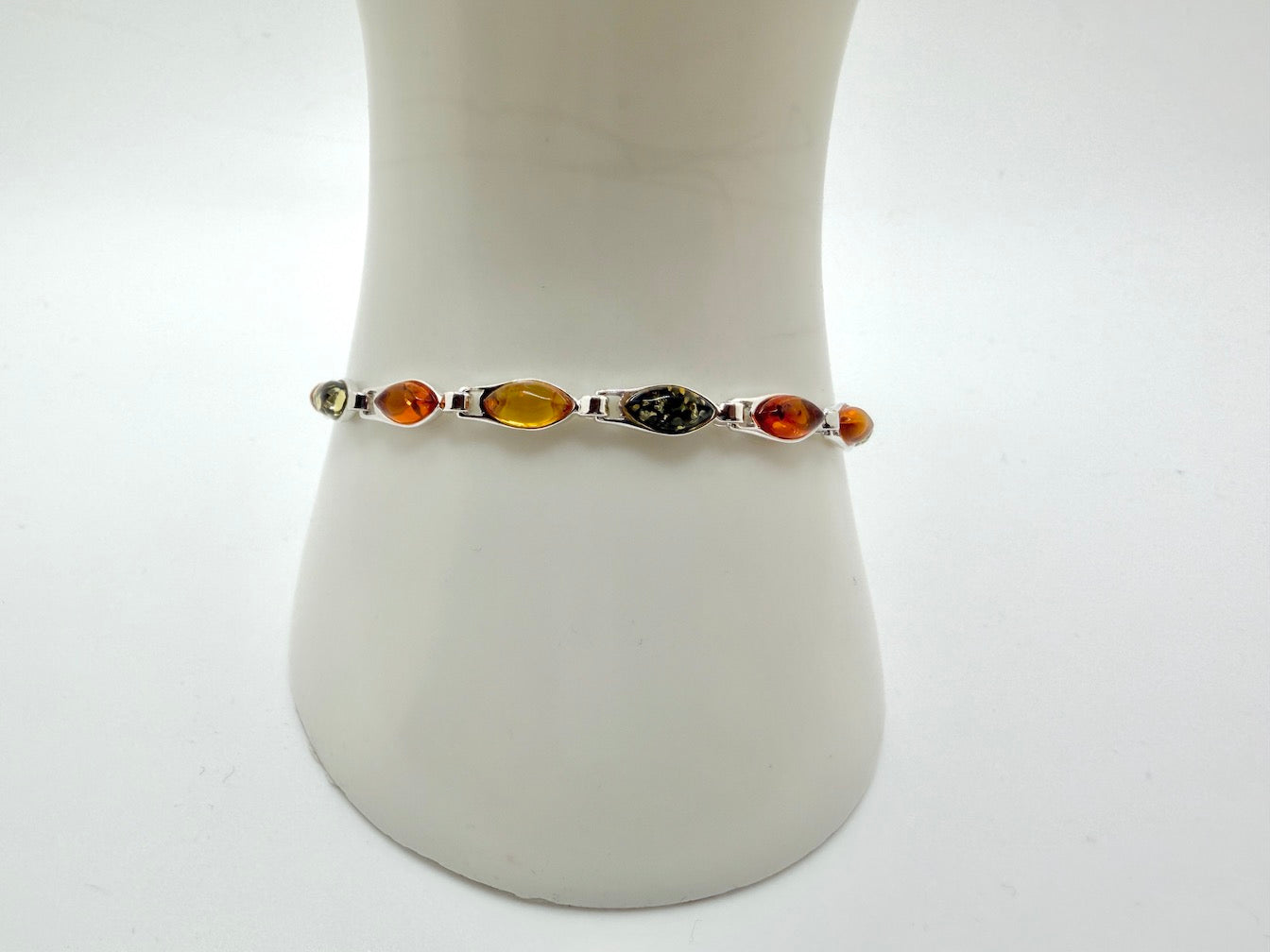Sterling Silver Multi Color Baltic Amber Link Bracelet – Handmade in Poland