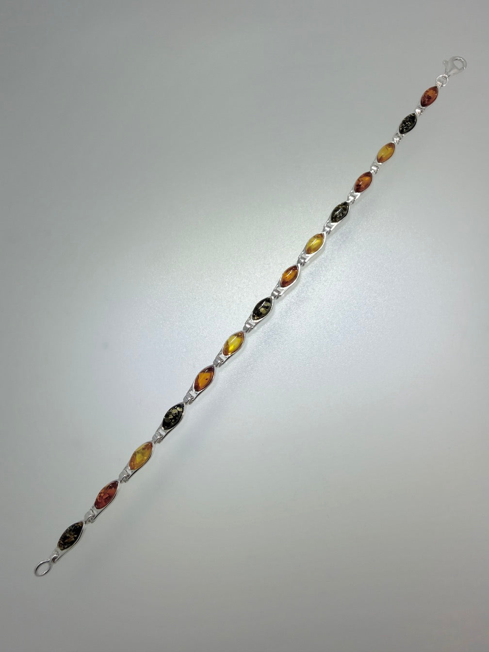 Sterling Silver Multi Color Baltic Amber Link Bracelet – Handmade in Poland