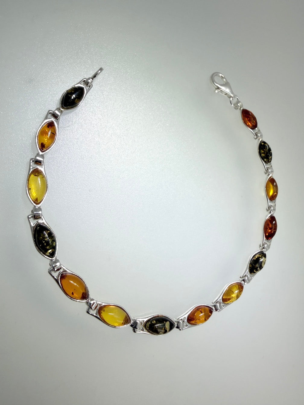 Sterling Silver Multi Color Baltic Amber Link Bracelet – Handmade in Poland