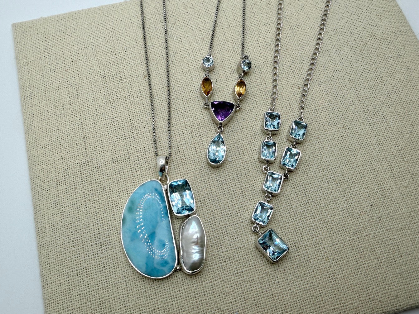 Sterling Silver Multi Stone Necklaces – Larimar, Blue Topaz, Opal, Lapis, Moonstone, Pearl, Quartz & Onyx