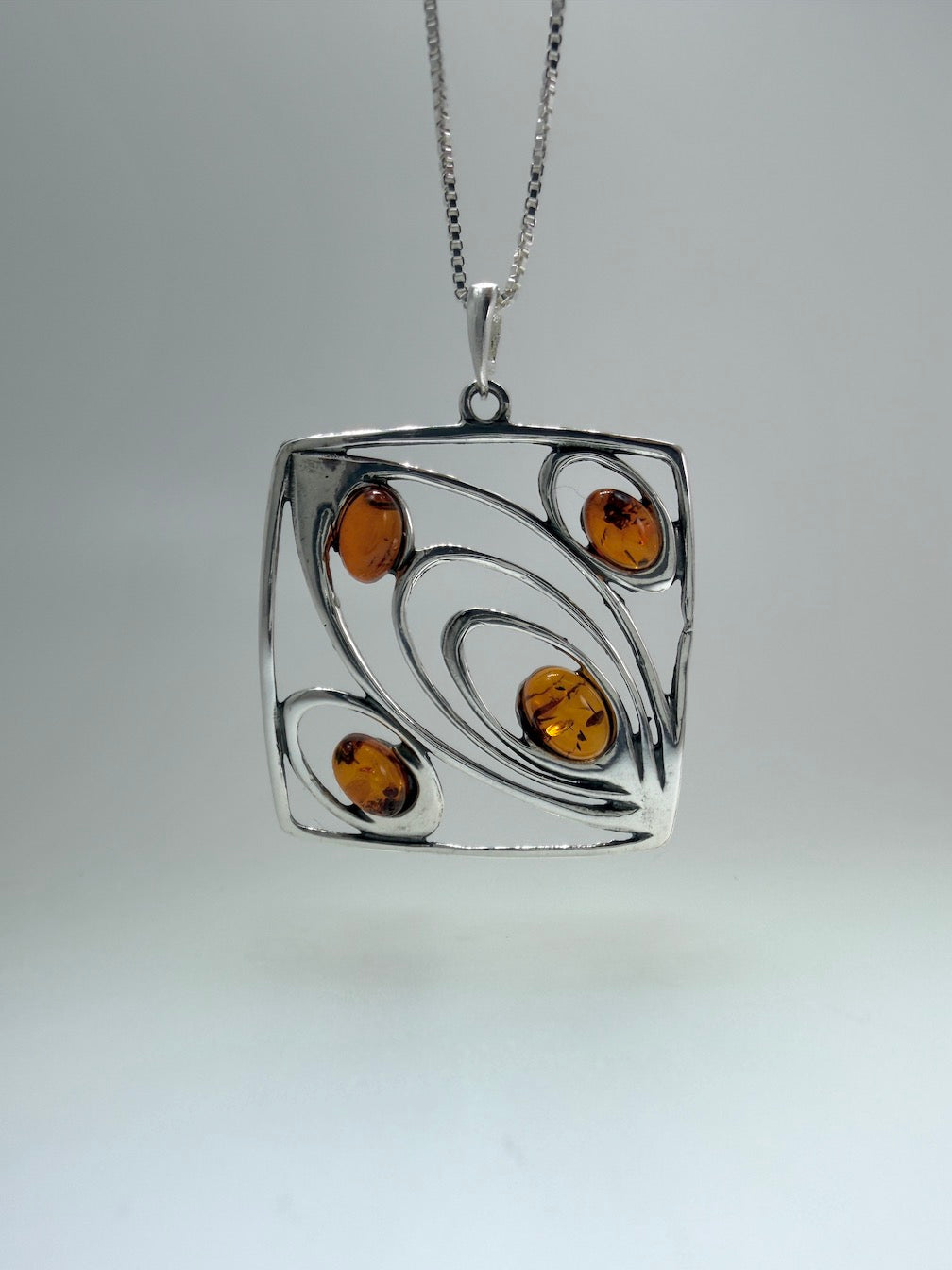Sterling Silver Multicolor Baltic Amber Four-Stone Pendant Necklace – Handmade in Poland