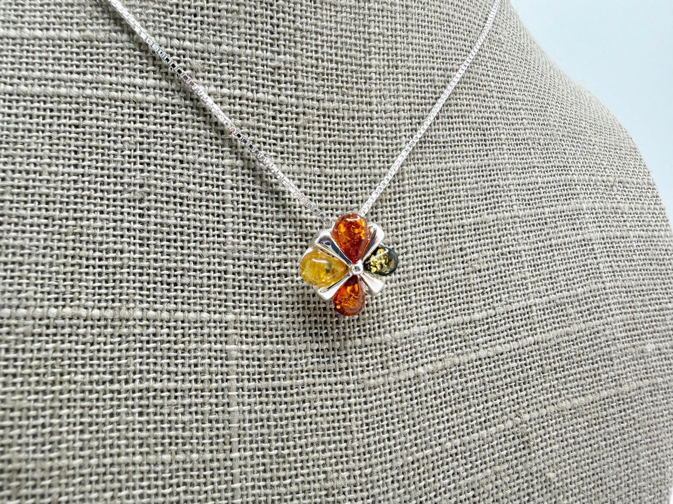 Sterling Silver Multicolor Baltic Amber Four-Stone Pendant Necklace – Handmade in Poland