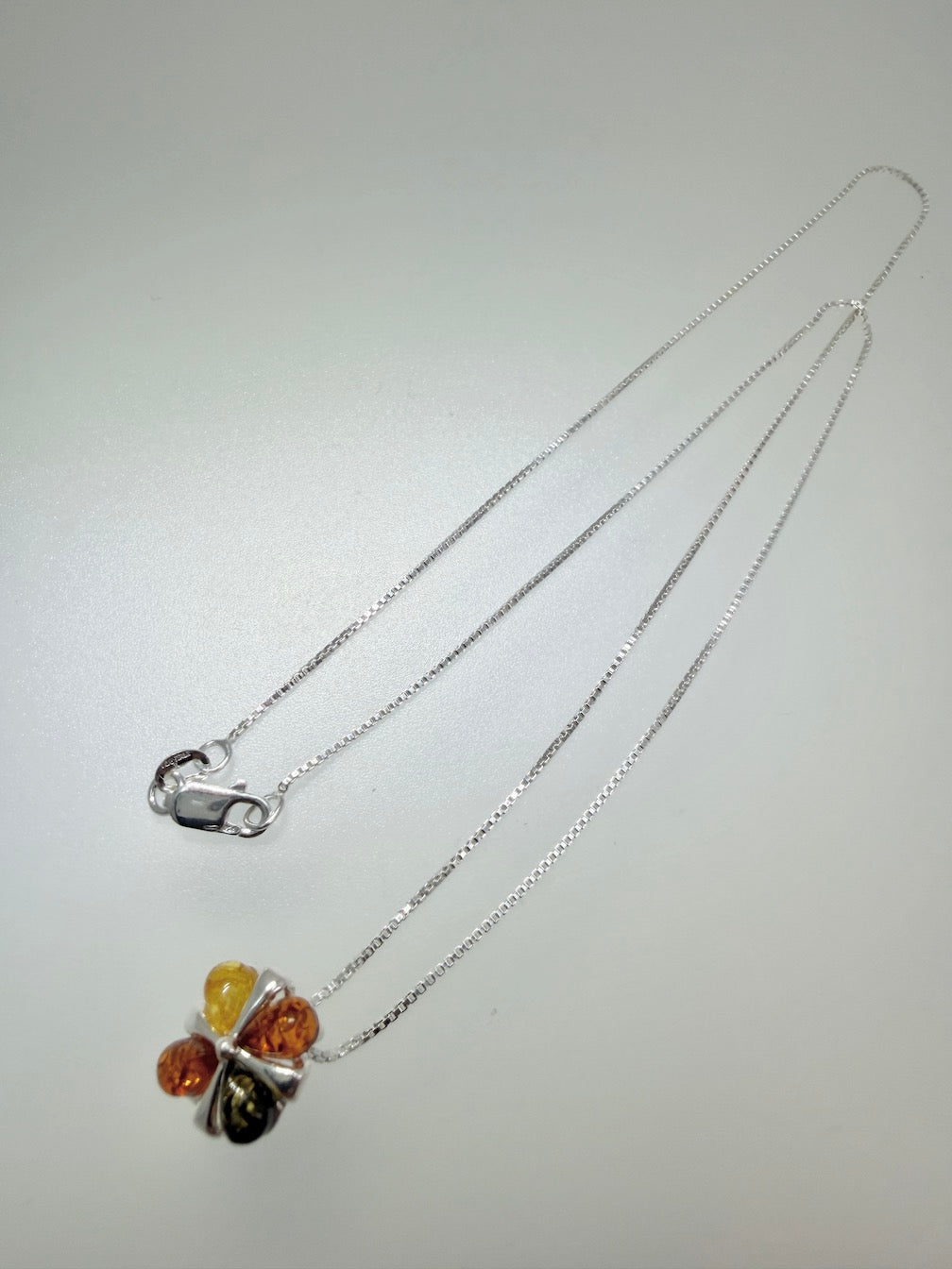 Sterling Silver Multicolor Baltic Amber Four-Stone Pendant Necklace – Handmade in Poland