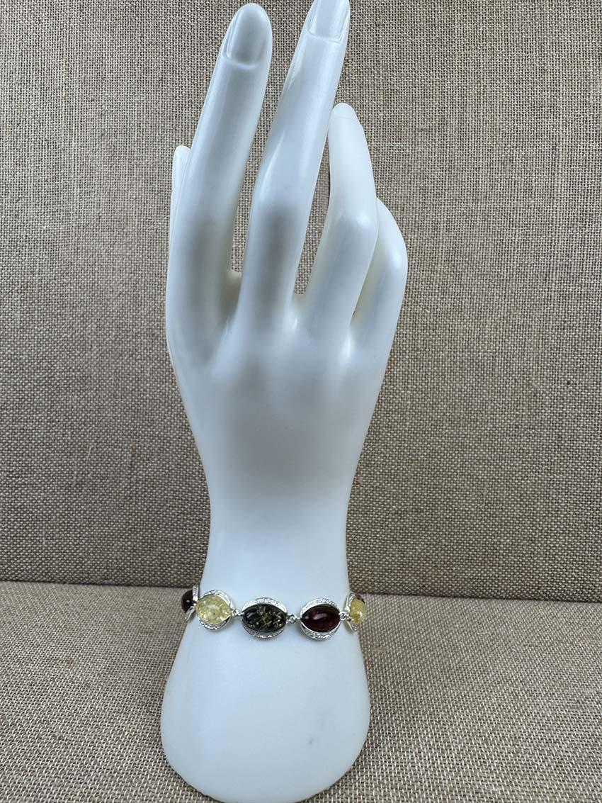 Sterling Silver Multicolor Baltic Amber Link Bracelet - Cognac, Lemon & Green - 7" + 1.5" Extension