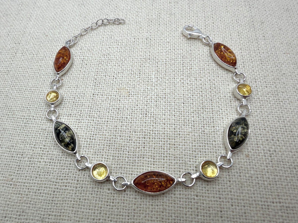 Sterling Silver Multicolor Baltic Amber Link Bracelet – Cognac, Lemon & Green – 7” + 1.0” Extension