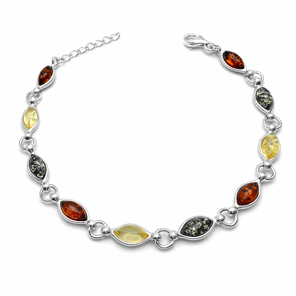 Sterling Silver Multicolor Baltic Amber Link Bracelet – Cognac, Lemon & Green – with extension chain