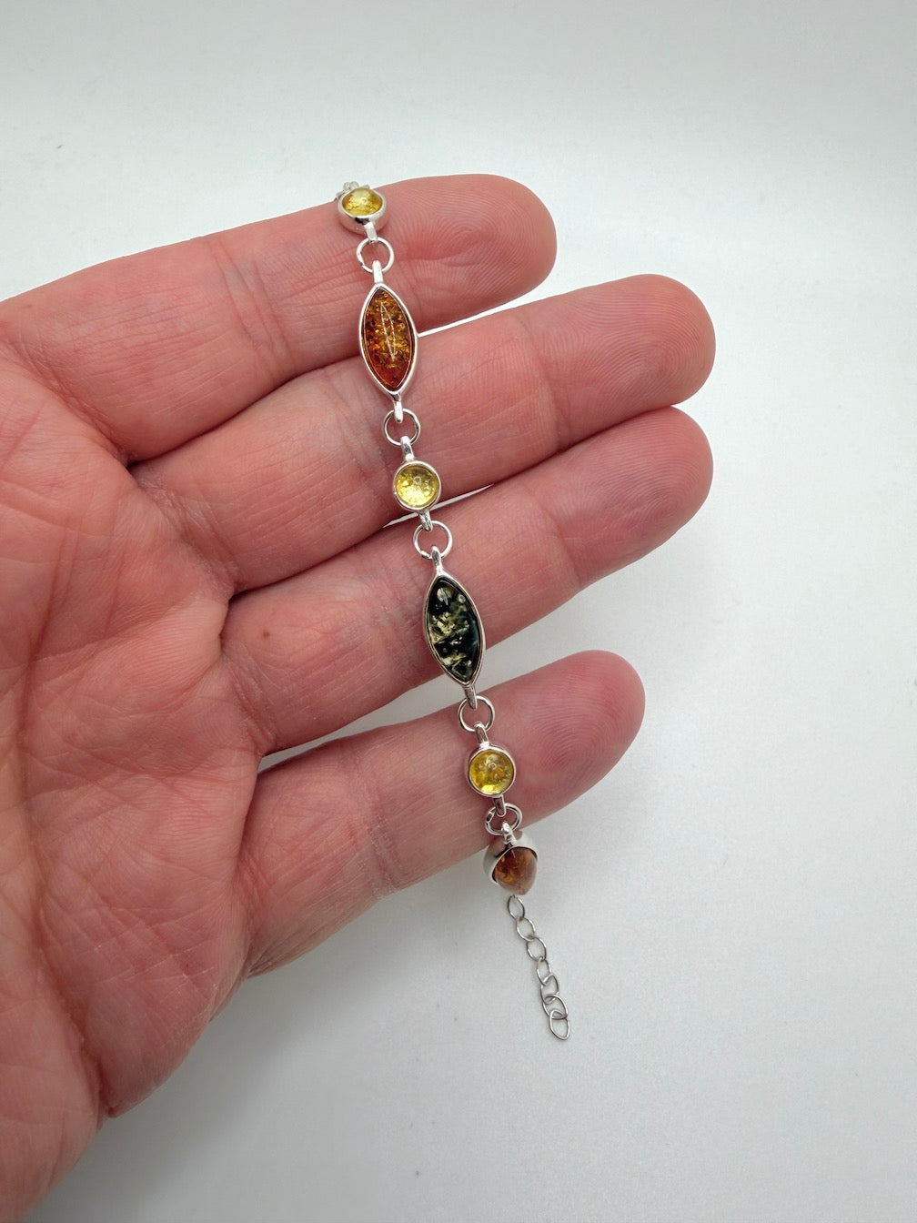 Sterling Silver Multicolor Baltic Amber Link Bracelet – Cognac, Lemon & Green – 7” + 1.0” Extension