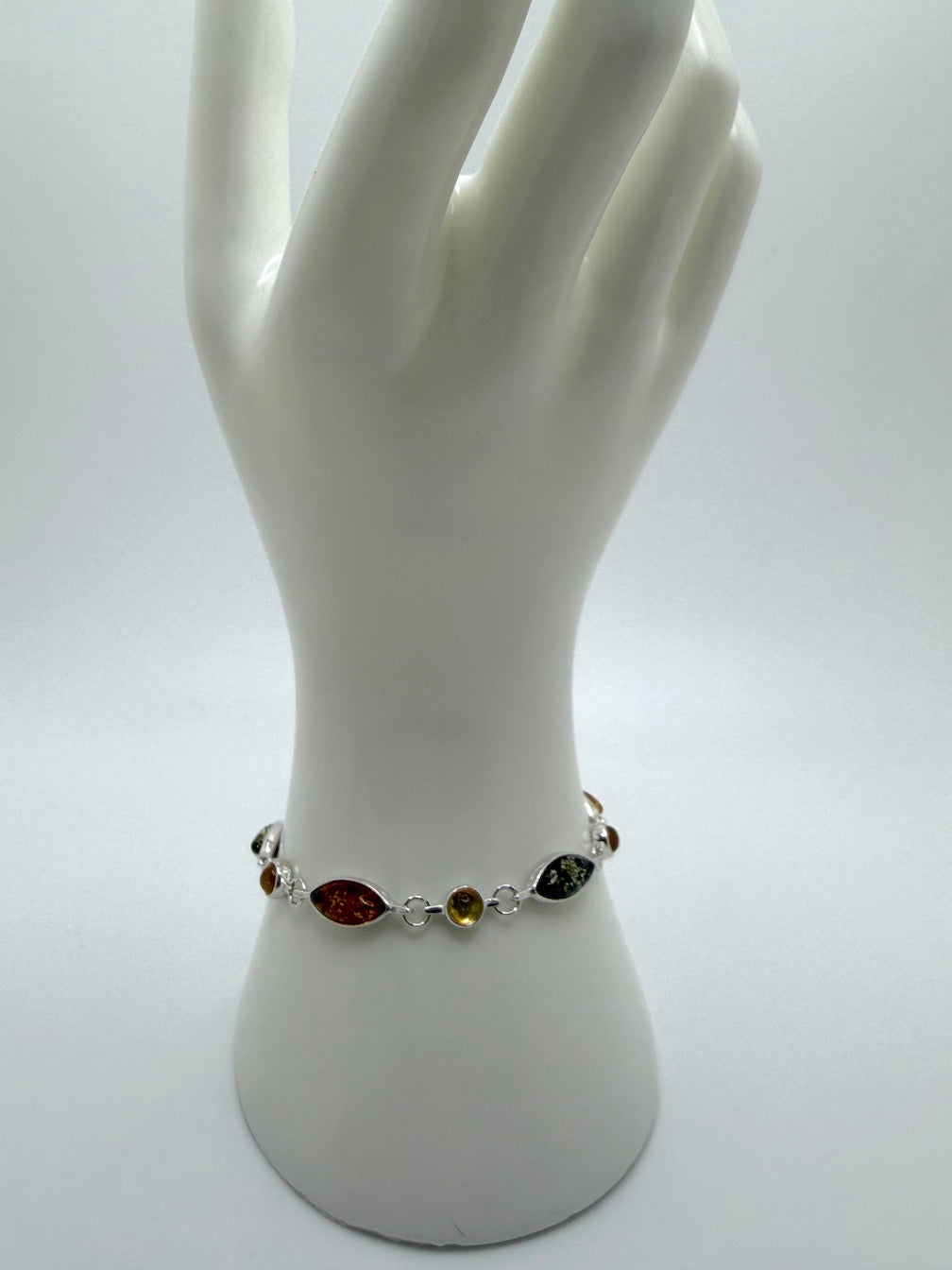 Sterling Silver Multicolor Baltic Amber Link Bracelet – Cognac, Lemon & Green – 7” + 1.0” Extension