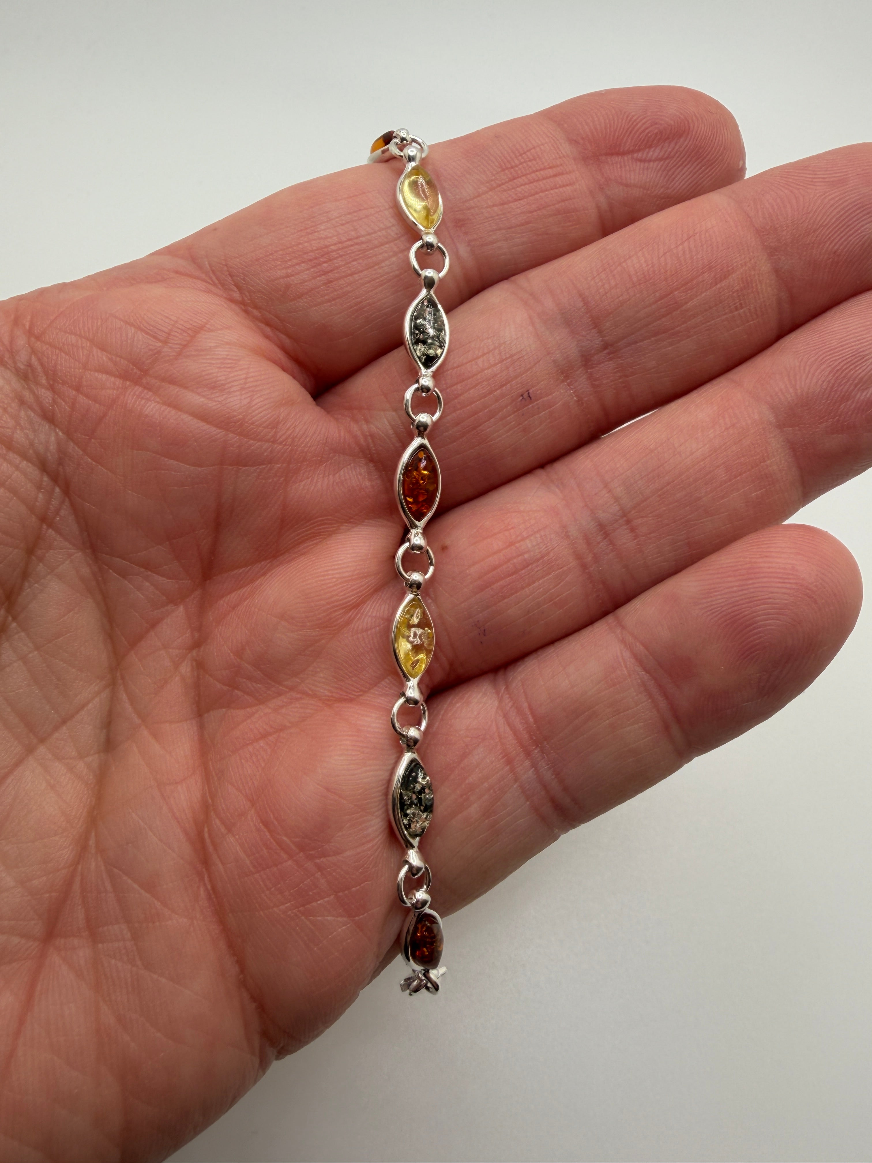 Sterling Silver Multicolor Baltic Amber Link Bracelet – Cognac, Lemon & Green – with extension chain