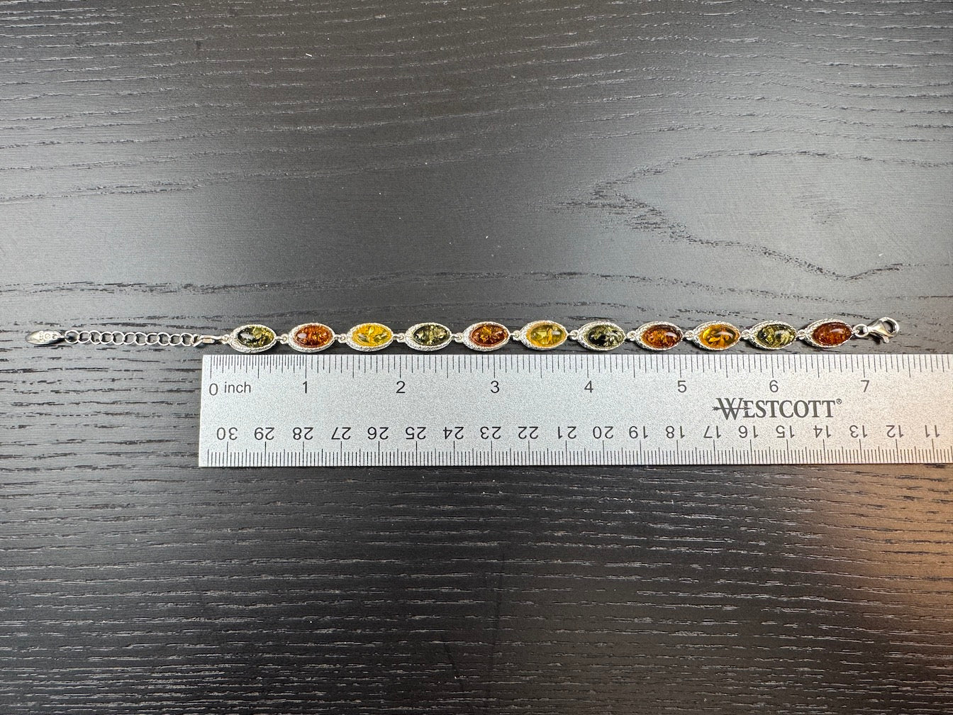 Sterling Silver Multicolor Baltic Amber Link Bracelet – Cognac, Lemon & Green – 7” + 1.5” Extension