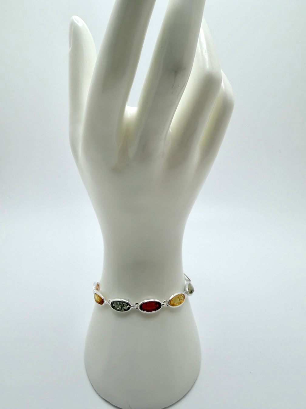 Sterling Silver Multicolor Baltic Amber Link Bracelet – Cognac, Lemon & Green – with extension chain