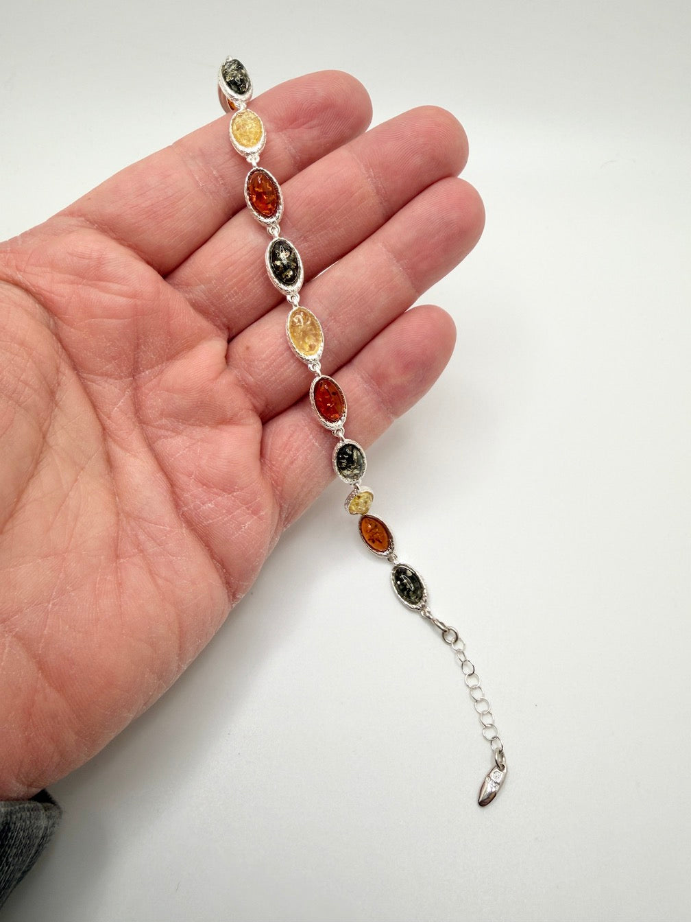 Sterling Silver Multicolor Baltic Amber Link Bracelet – Cognac, Lemon & Green – 7” + 1.5” Extension