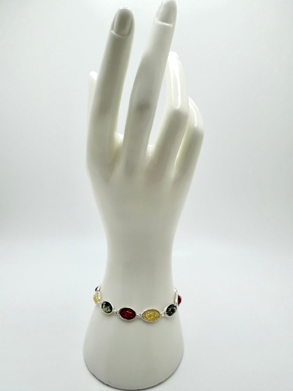 Sterling Silver Multicolor Baltic Amber Link Bracelet – Cognac, Lemon & Green – 7” + 1.5” Extension