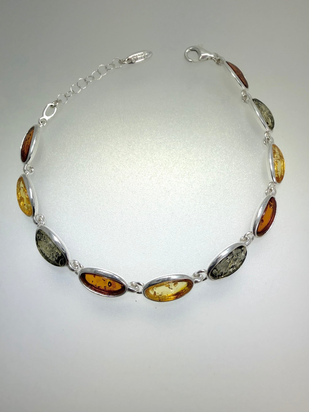 Sterling Silver Multicolor Baltic Amber Link Bracelet – Cognac, Lemon & Green – with extension chain