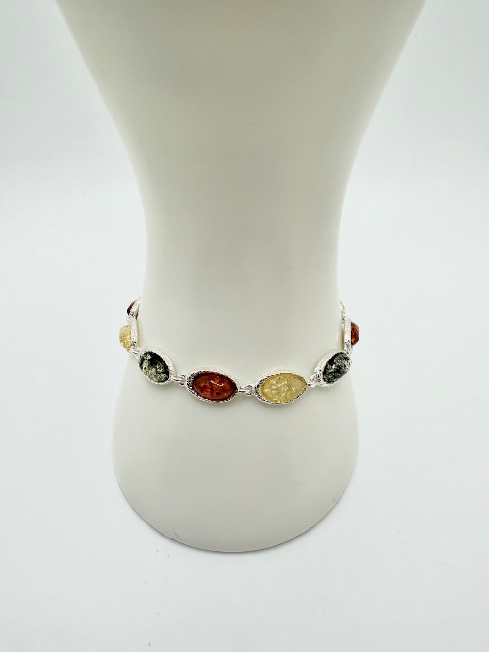 Sterling Silver Multicolor Baltic Amber Link Bracelet – Cognac, Lemon & Green – 7” + 1.5” Extension