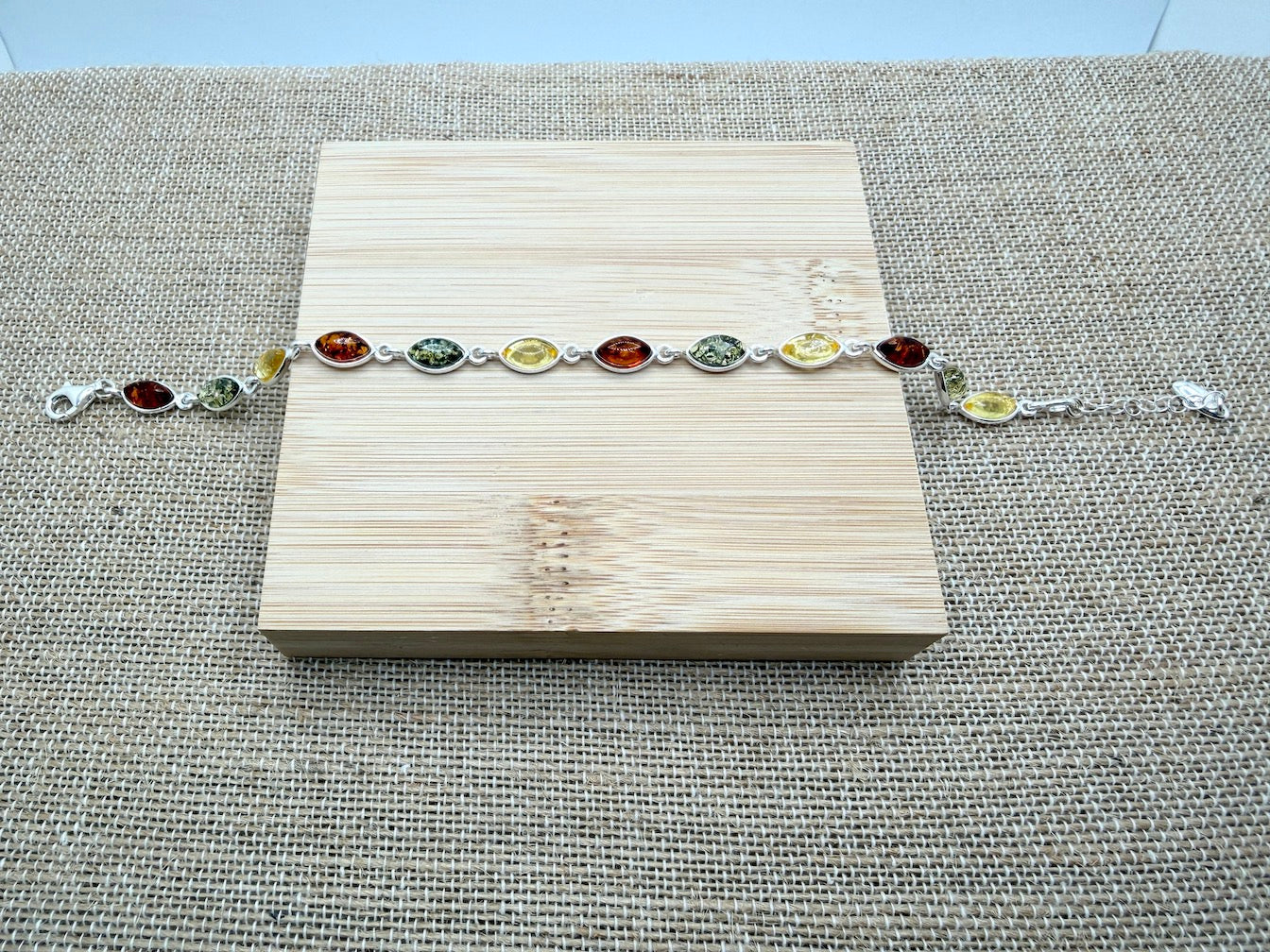 Sterling Silver Multicolor Baltic Amber Link Bracelet – Cognac, Lemon & Green – 7” + 1.5” Extension