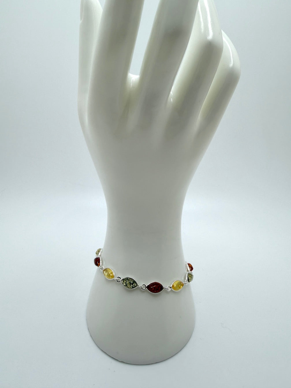 Sterling Silver Multicolor Baltic Amber Link Bracelet – Cognac, Lemon & Green – 7” + 1.5” Extension