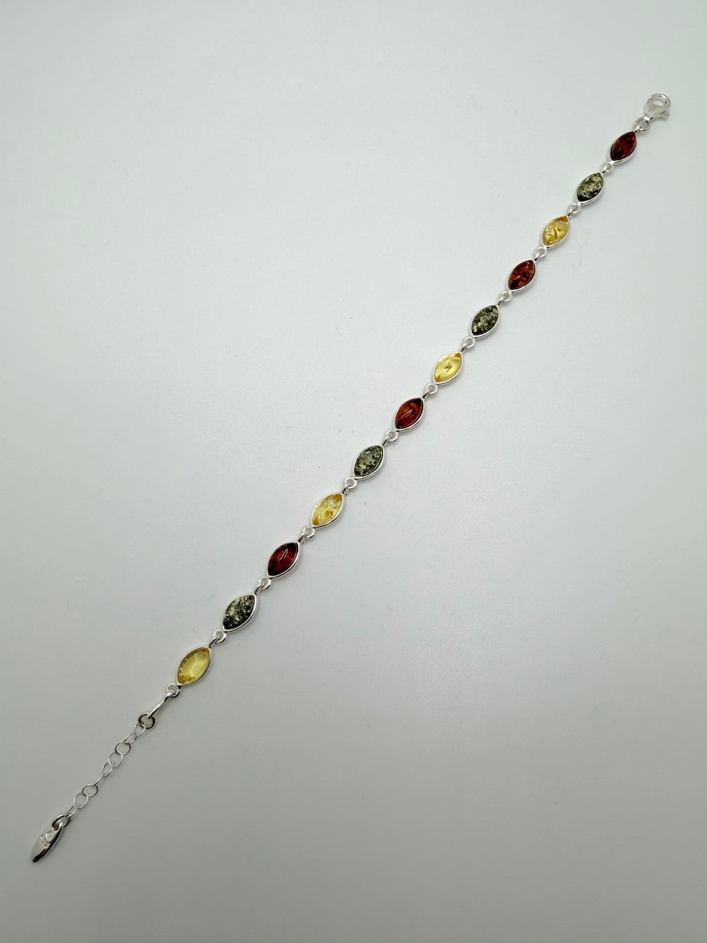 Sterling Silver Multicolor Baltic Amber Link Bracelet – Cognac, Lemon & Green – 7” + 1.5” Extension