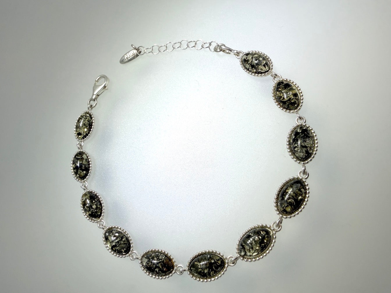 Sterling Silver Multicolor Baltic Amber Link Bracelet – Multi color or all Green – 7” + 1.5” Extension