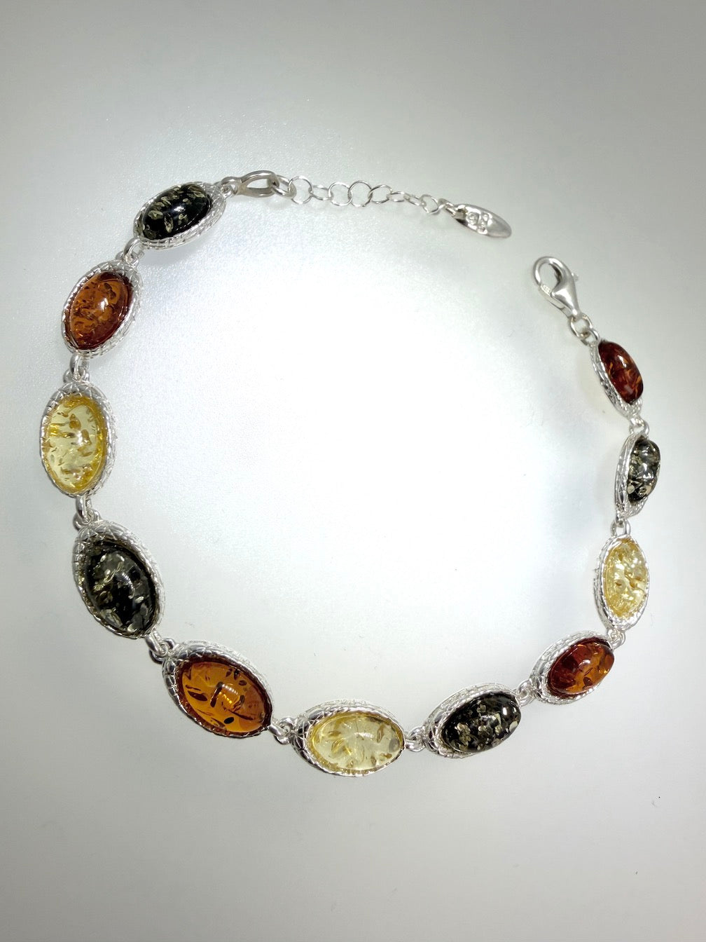 Sterling Silver Multicolor Baltic Amber Link Bracelet – Cognac, Lemon & Green – 7” + 1.5” Extension
