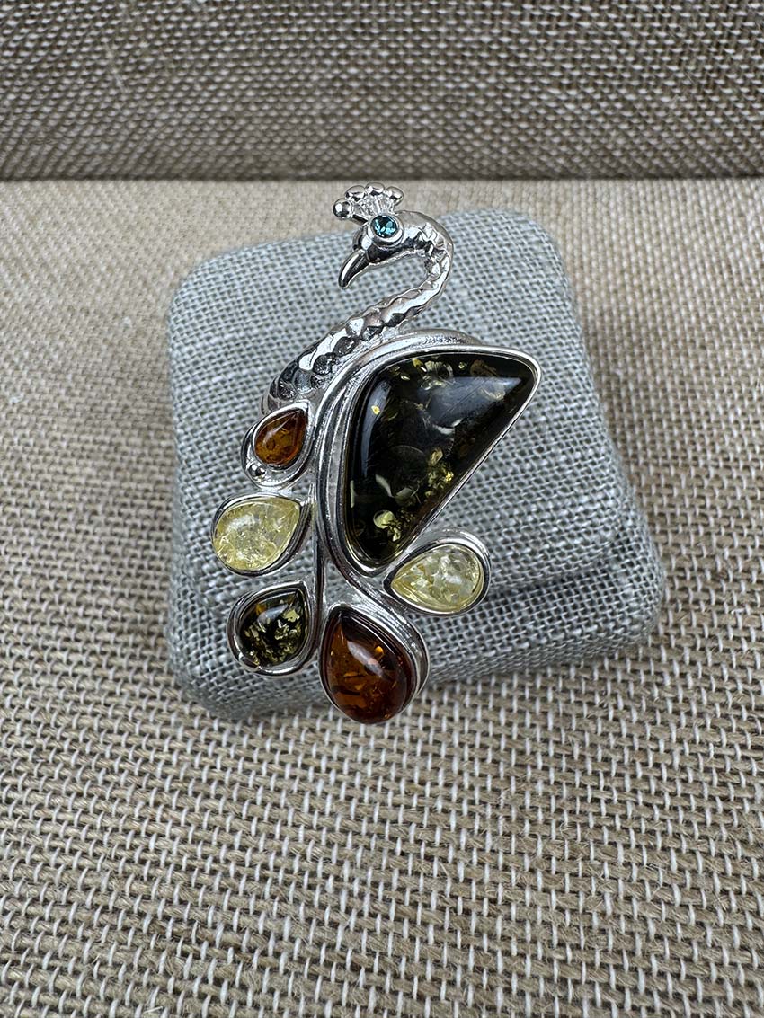 Sterling Silver Multicolor Baltic Amber Peacock Cocktail Ring - Adjustable Open Shank