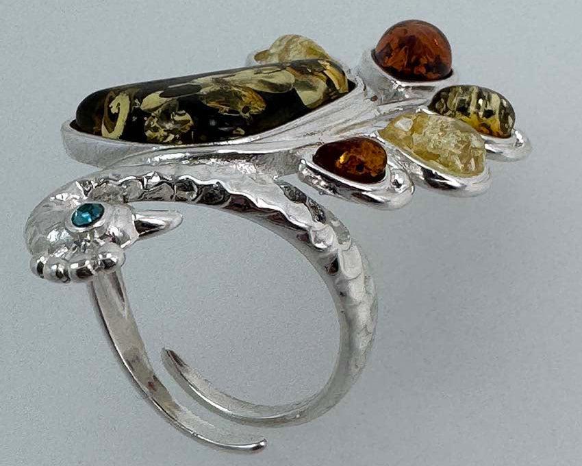 Sterling Silver Multicolor Baltic Amber Peacock Cocktail Ring - Adjustable Open Shank