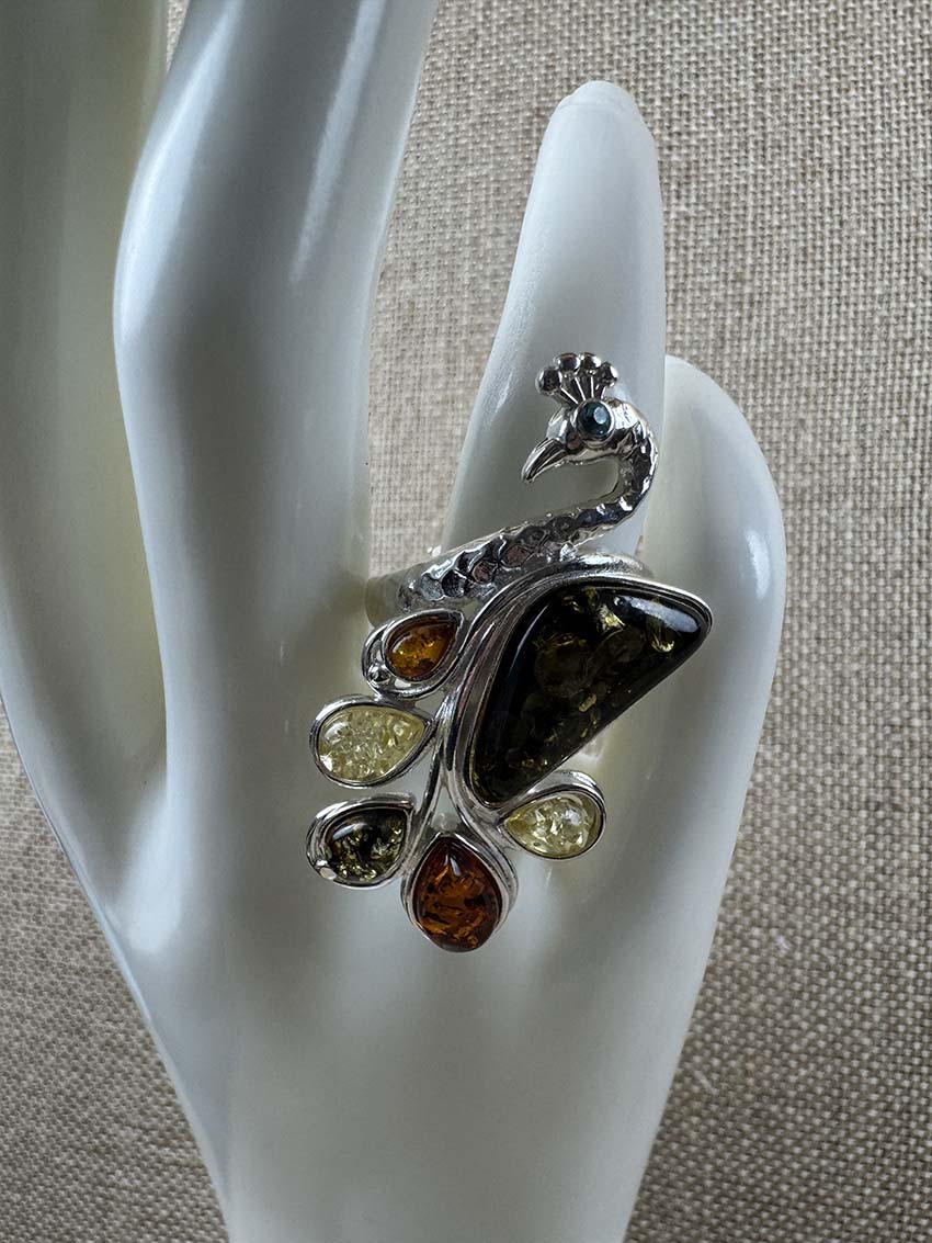 Sterling Silver Multicolor Baltic Amber Peacock Cocktail Ring - Adjustable Open Shank