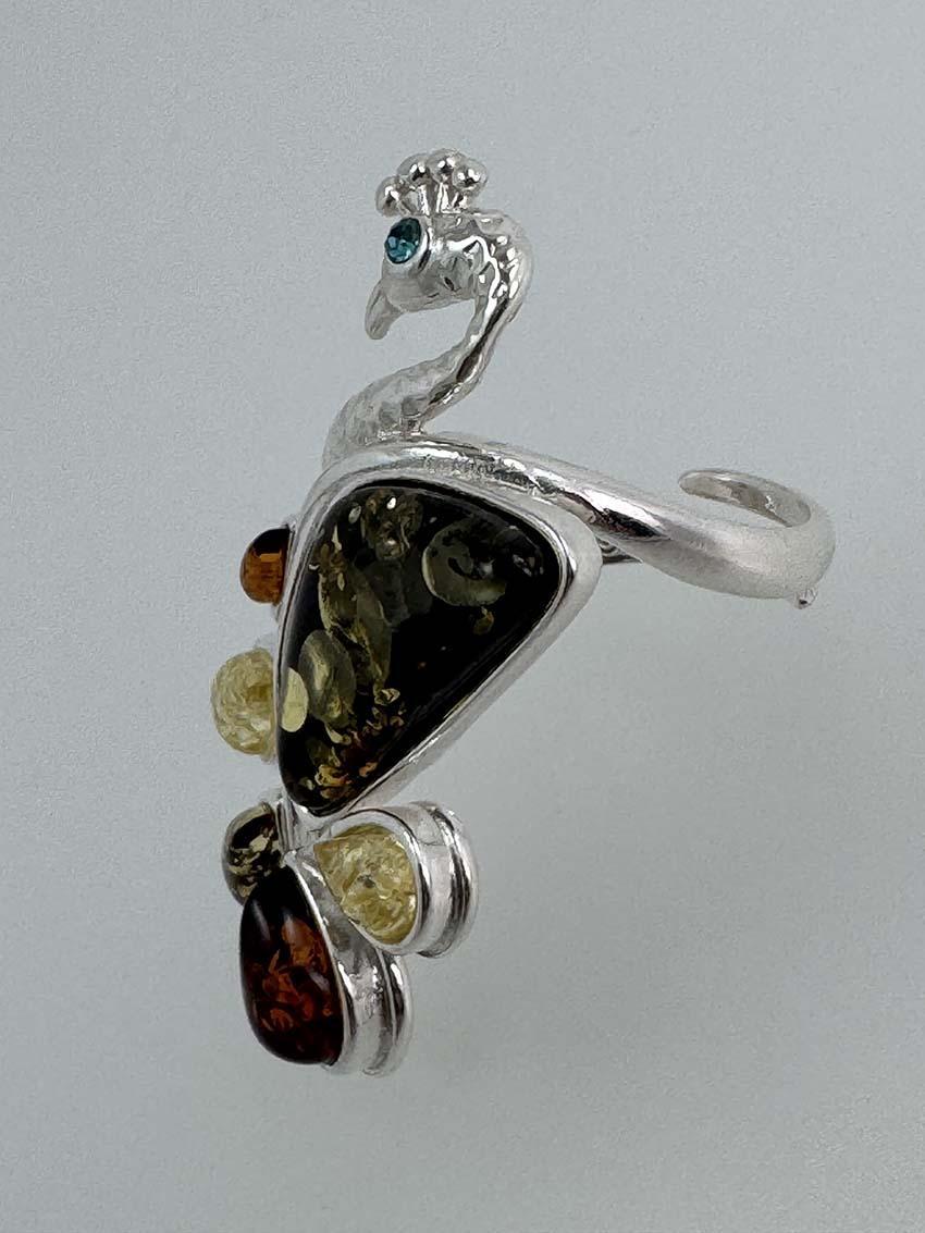 Sterling Silver Multicolor Baltic Amber Peacock Cocktail Ring - Adjustable Open Shank
