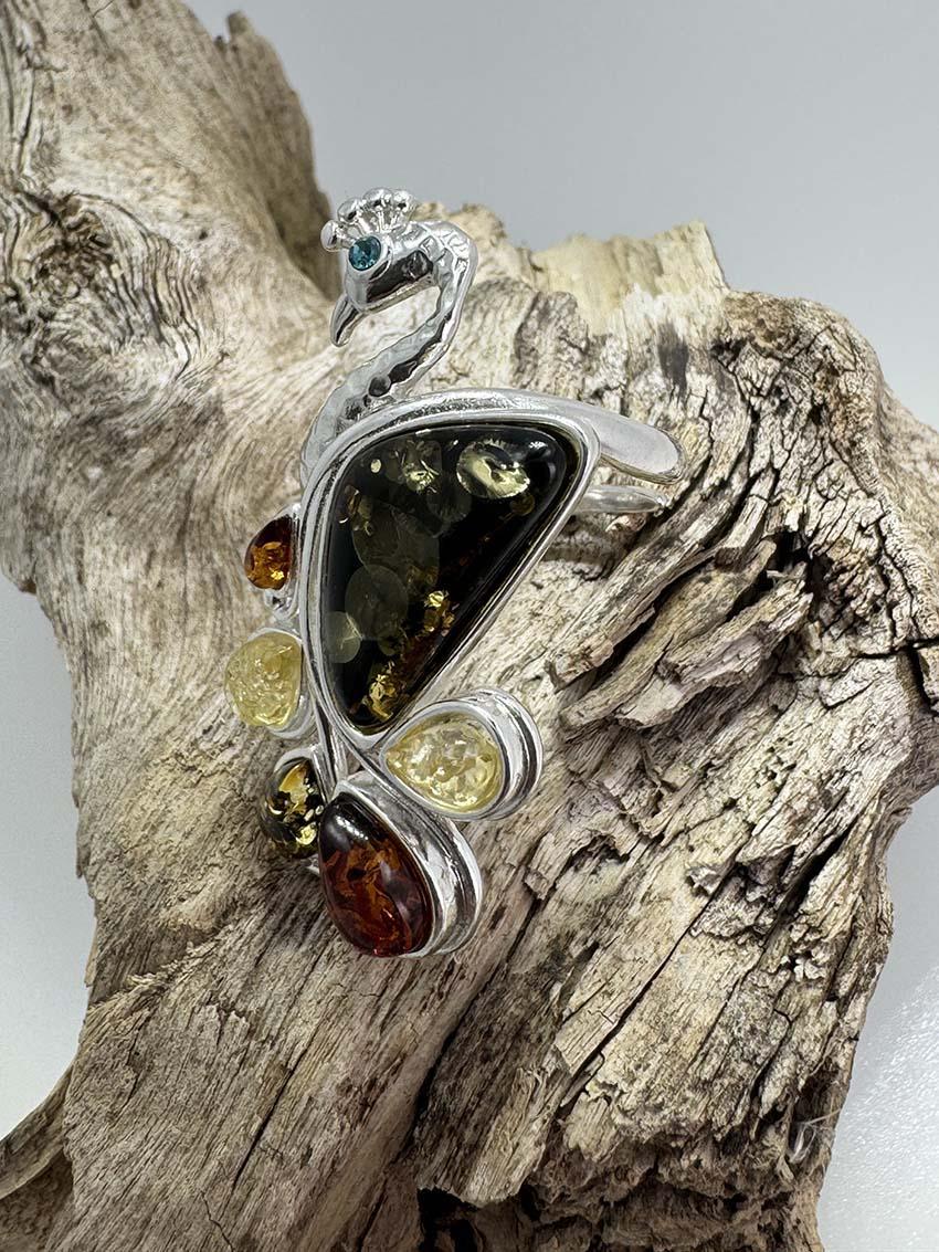 Sterling Silver Multicolor Baltic Amber Peacock Cocktail Ring - Adjustable Open Shank